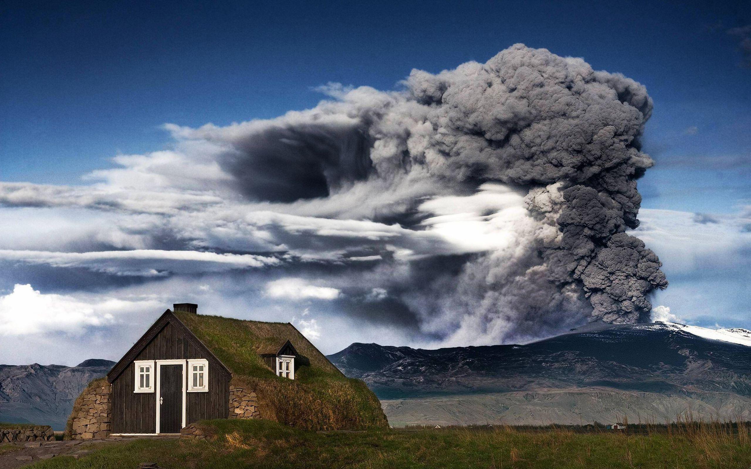 green, house, roof, nature, ash clouds, volcano, eruption