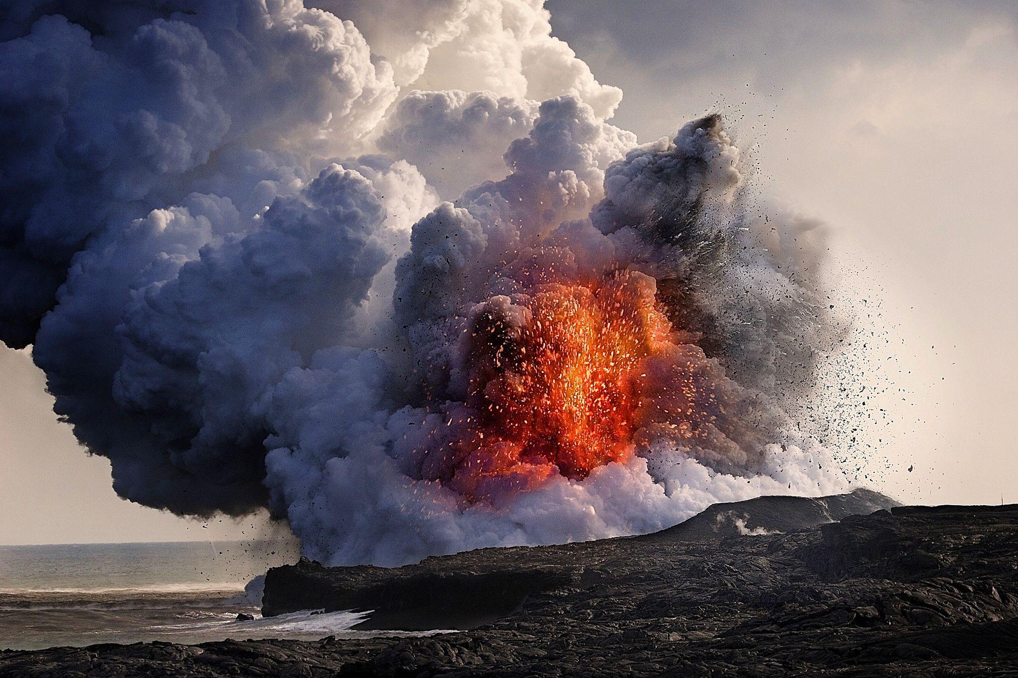 lava, Pacific Ocean, eruption, fire, beautiful, steam cloud