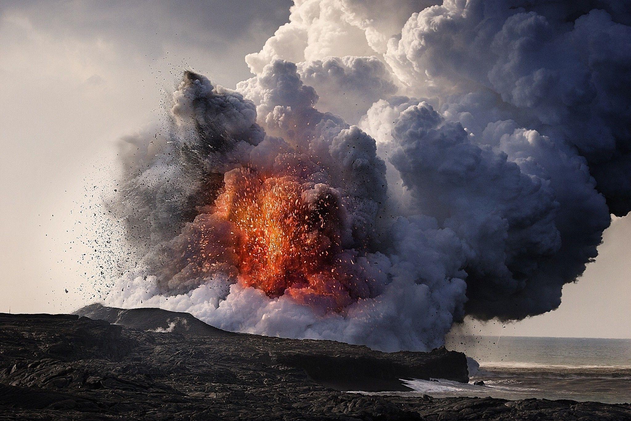 nature landscape volcano eruptions hawaii lava smoke ash sea rock
