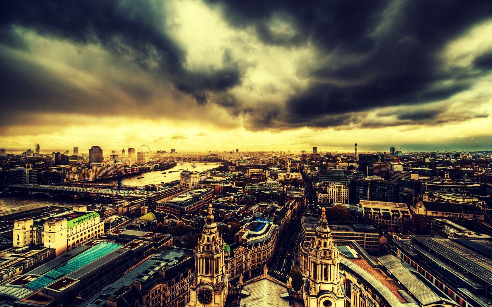 Wallpaper London, Clouds, Buildings, Roof, Top view, Evening HD