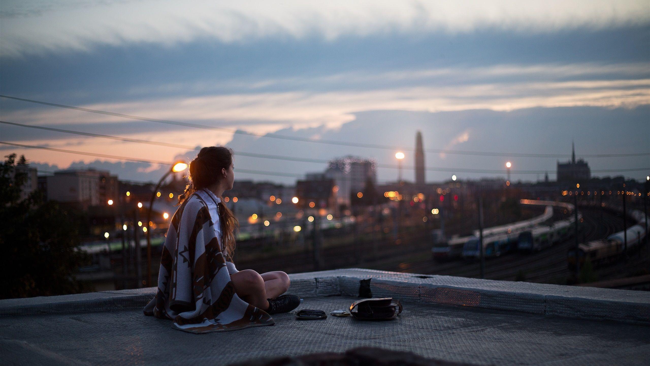 Wallpaper Girl, night, roof, sits, city, street, lights HD