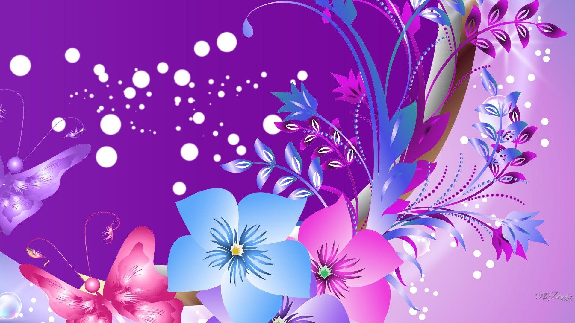 Flowers: Pink Dots Summer Purple Butterflies Abstract Flowers