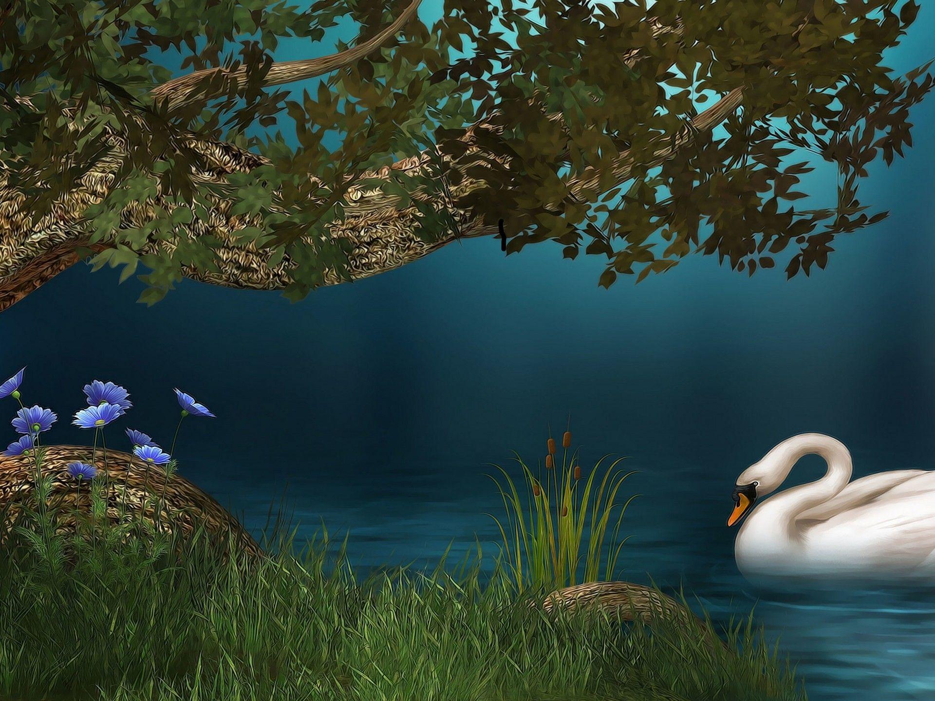 White Swan On The Lake Digital Art Wallpaper 5120x3200