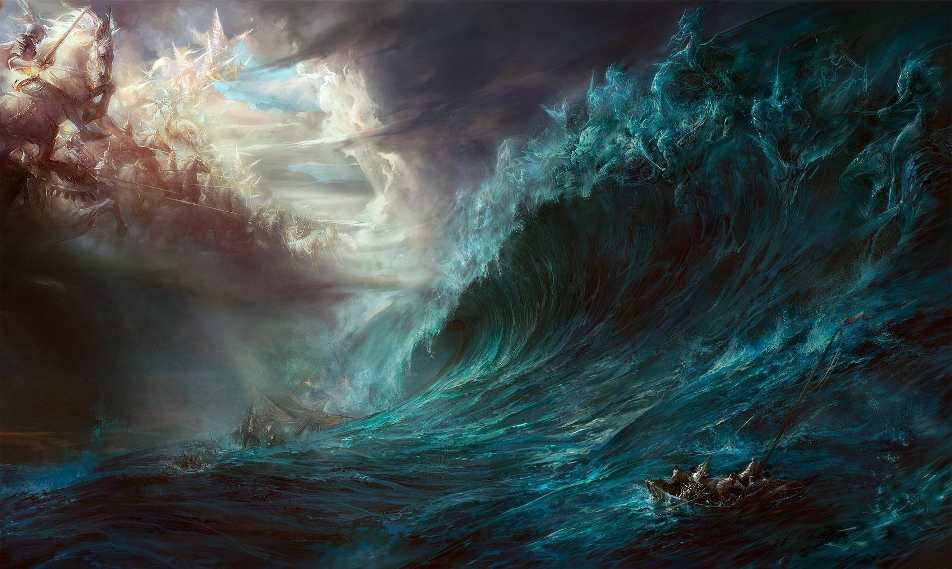 Wallpaper, fantasy art, sea, ghost ship, Heaven and Hell, ocean