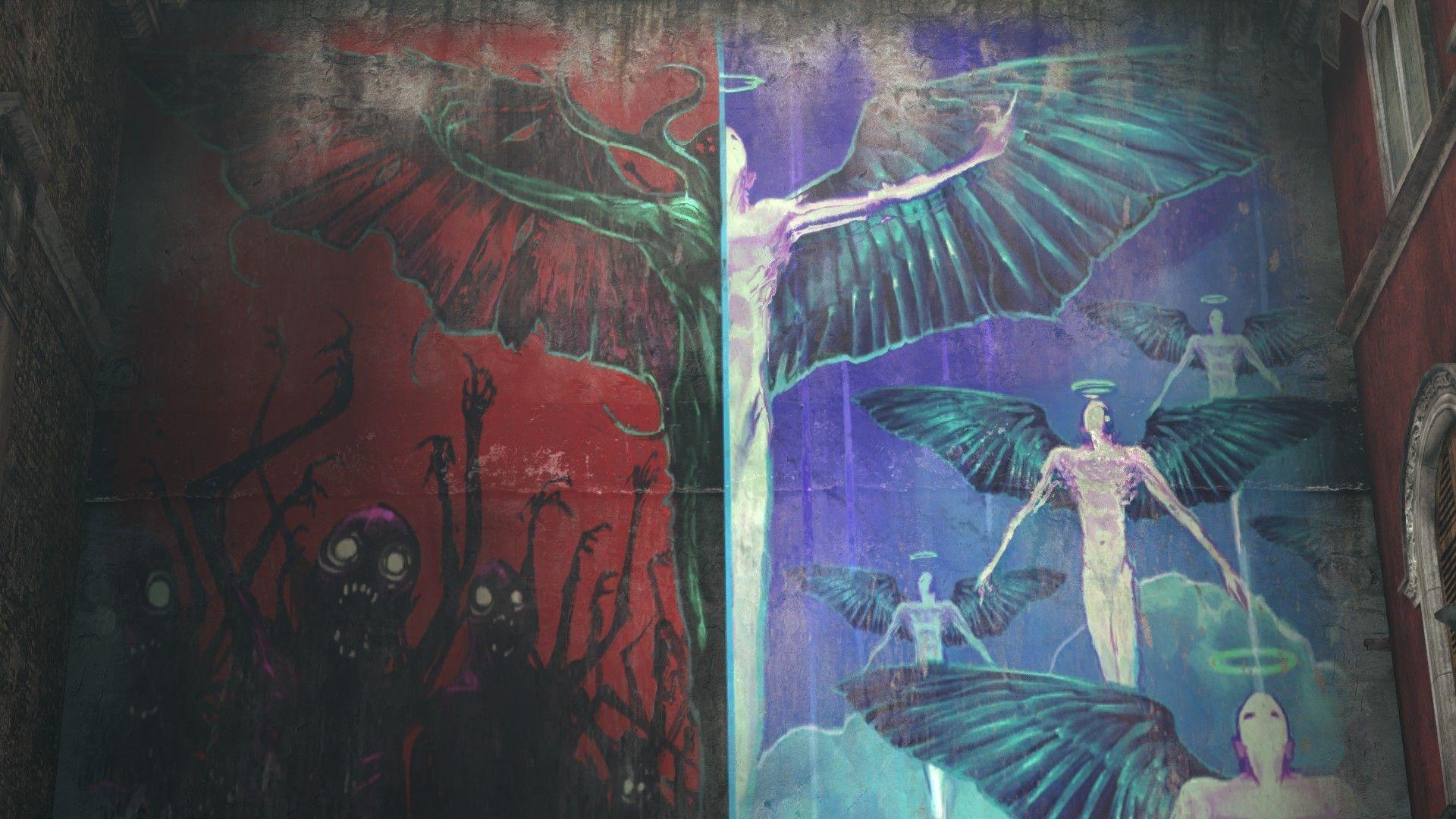 Wallpaper, painting, wings, wall, Heaven Hell, Halo, demon