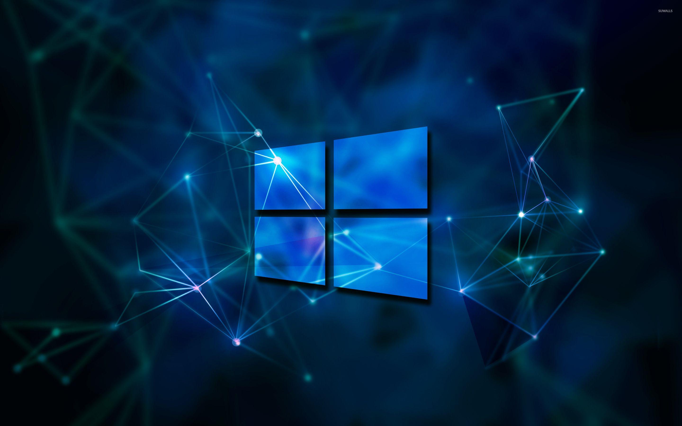 Windows 10 transparent logo on blue network wallpaper
