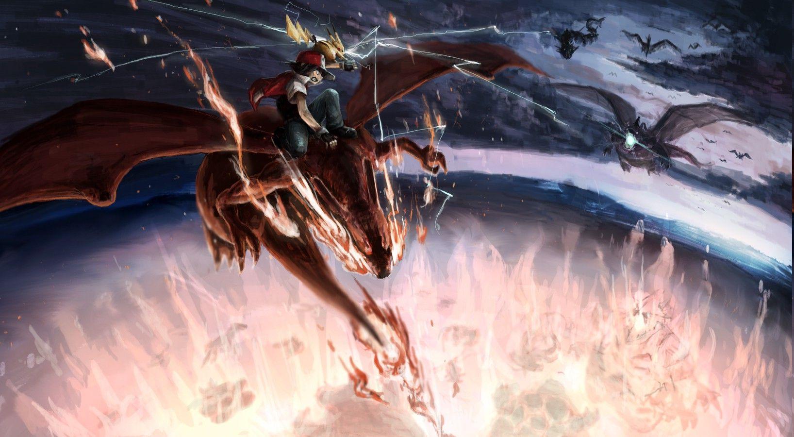 Wallpaper, anime, dragon, Pikachu, Dragonite, Charizard, Ash Ketchum, mythology, Gyarados, pokemon, screenshot, mecha, 1636x900 px, computer wallpaper, fictional character, Fearow 1636x900