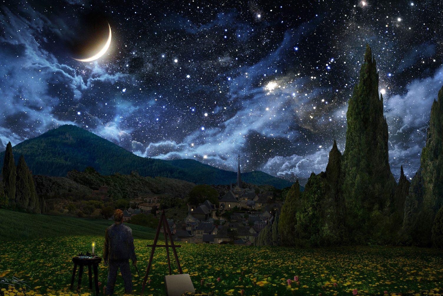 Starry, Night, Sky, Painting, Wallpaper, , Widescreen Image