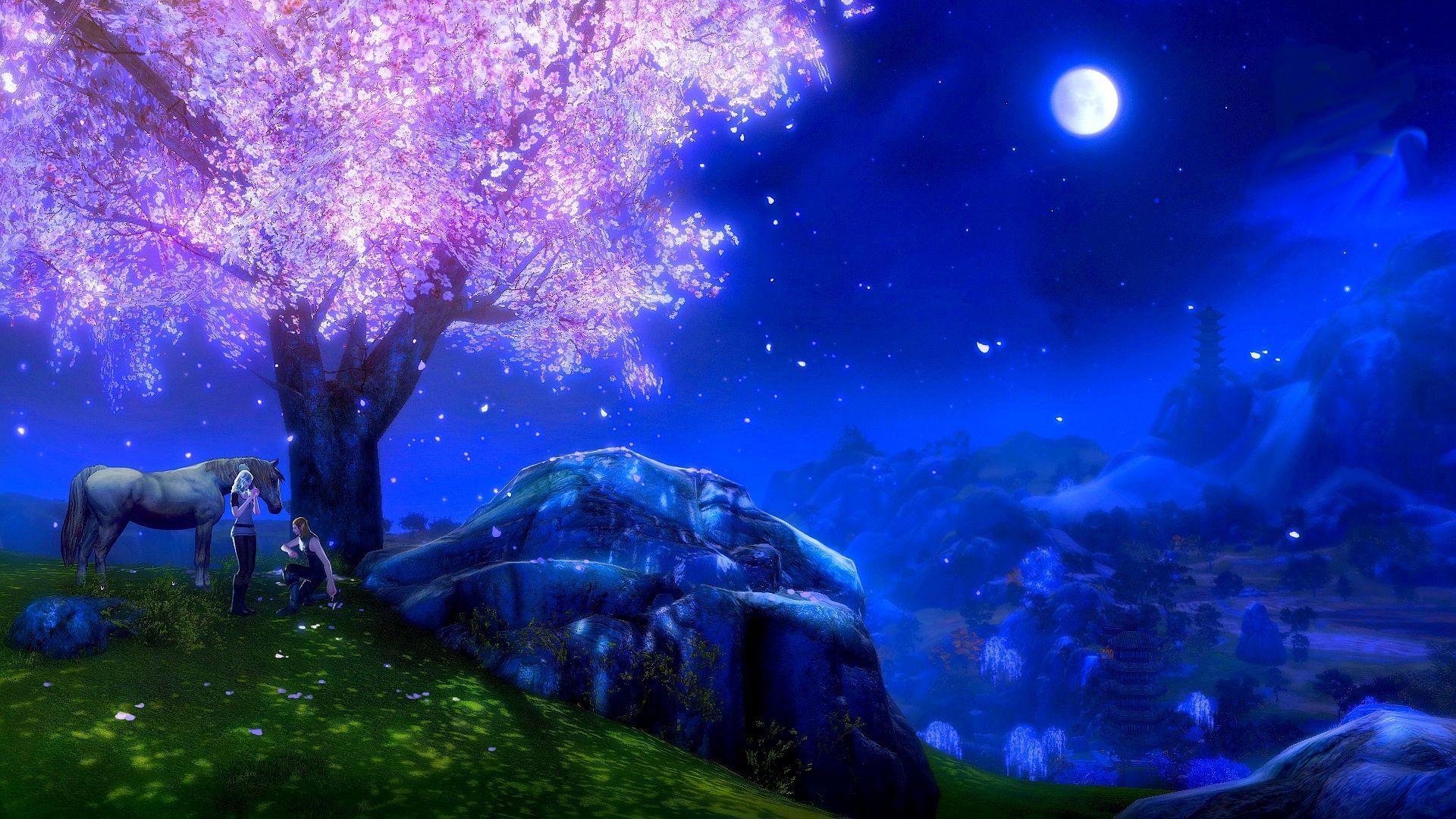 Night in Fantasy Village Full HD Wallpaper