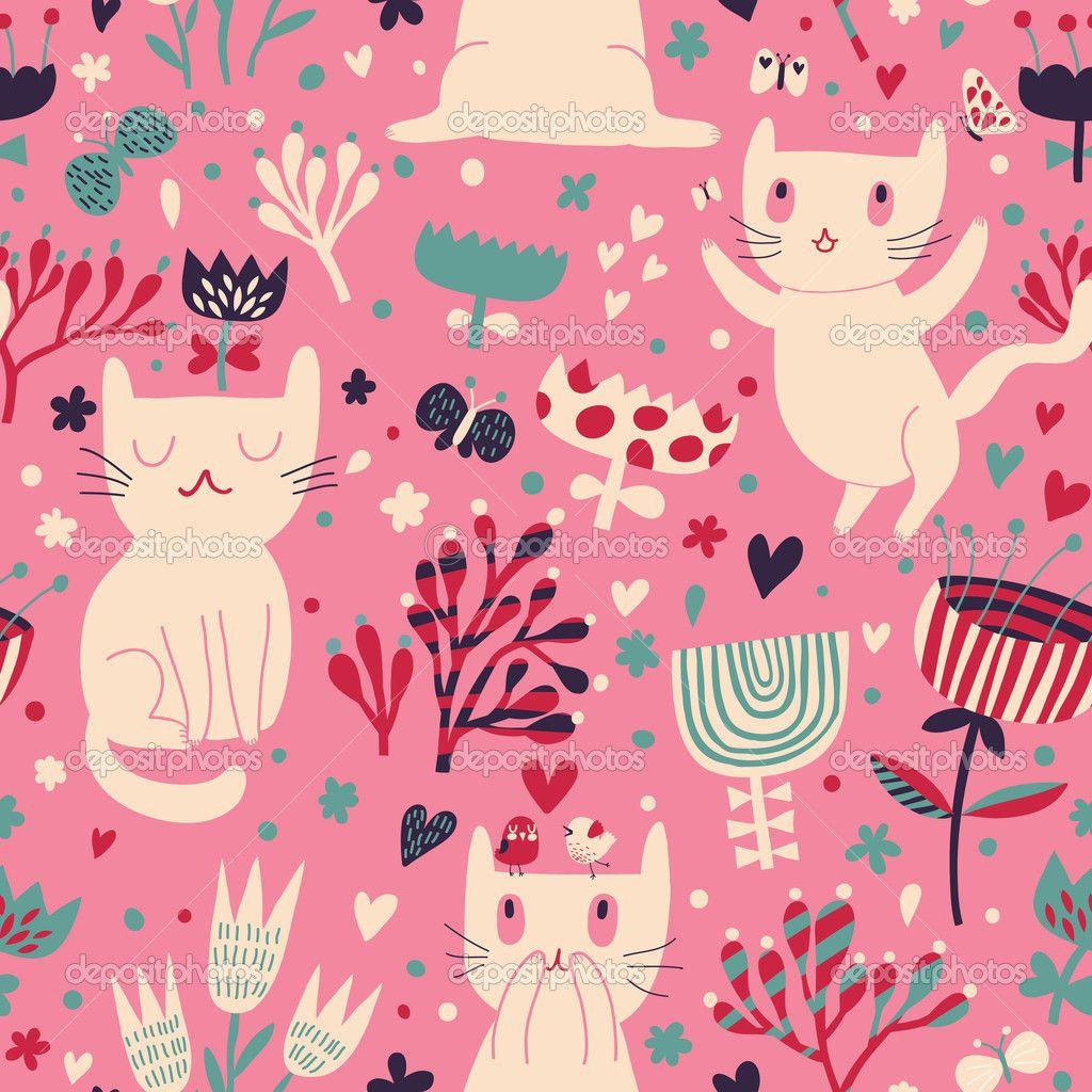 Romantic Cartoon Wallpaper Childish Background With Funny Cats