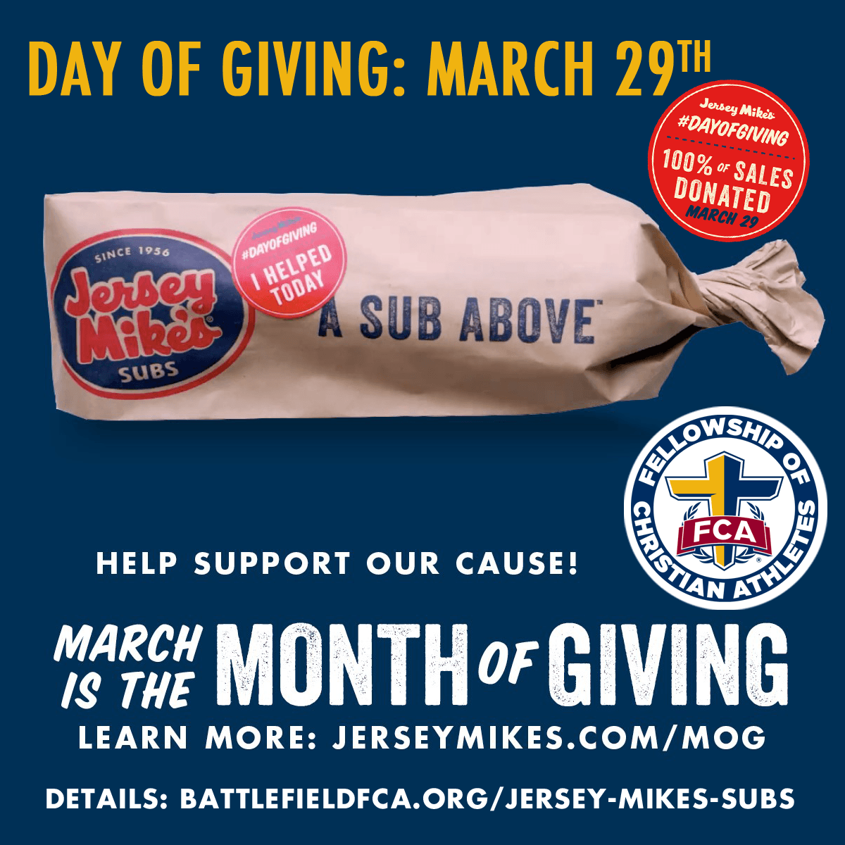 Jersey Mike's Subs. Battlefield Area FCA