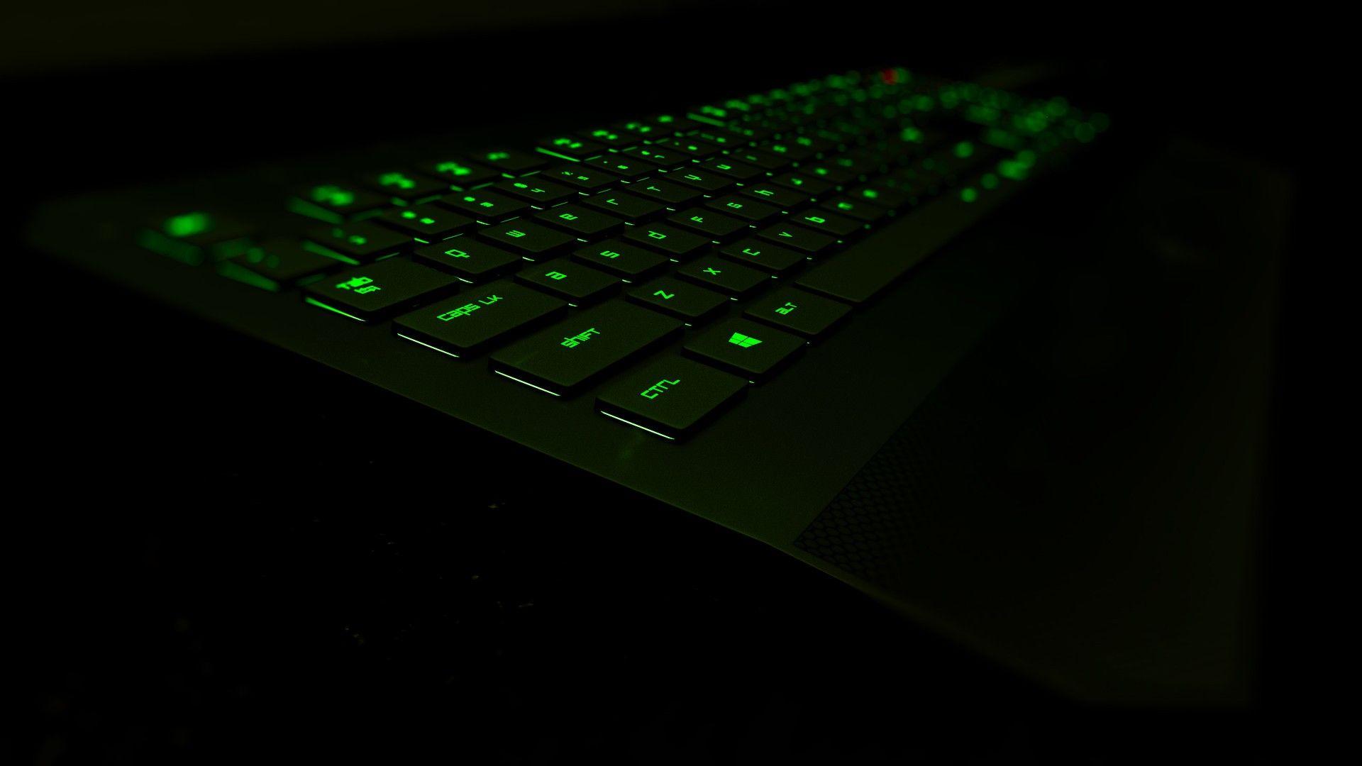 Wallpaper, black, 3D, glowing, green, technology, keyboards, Razer