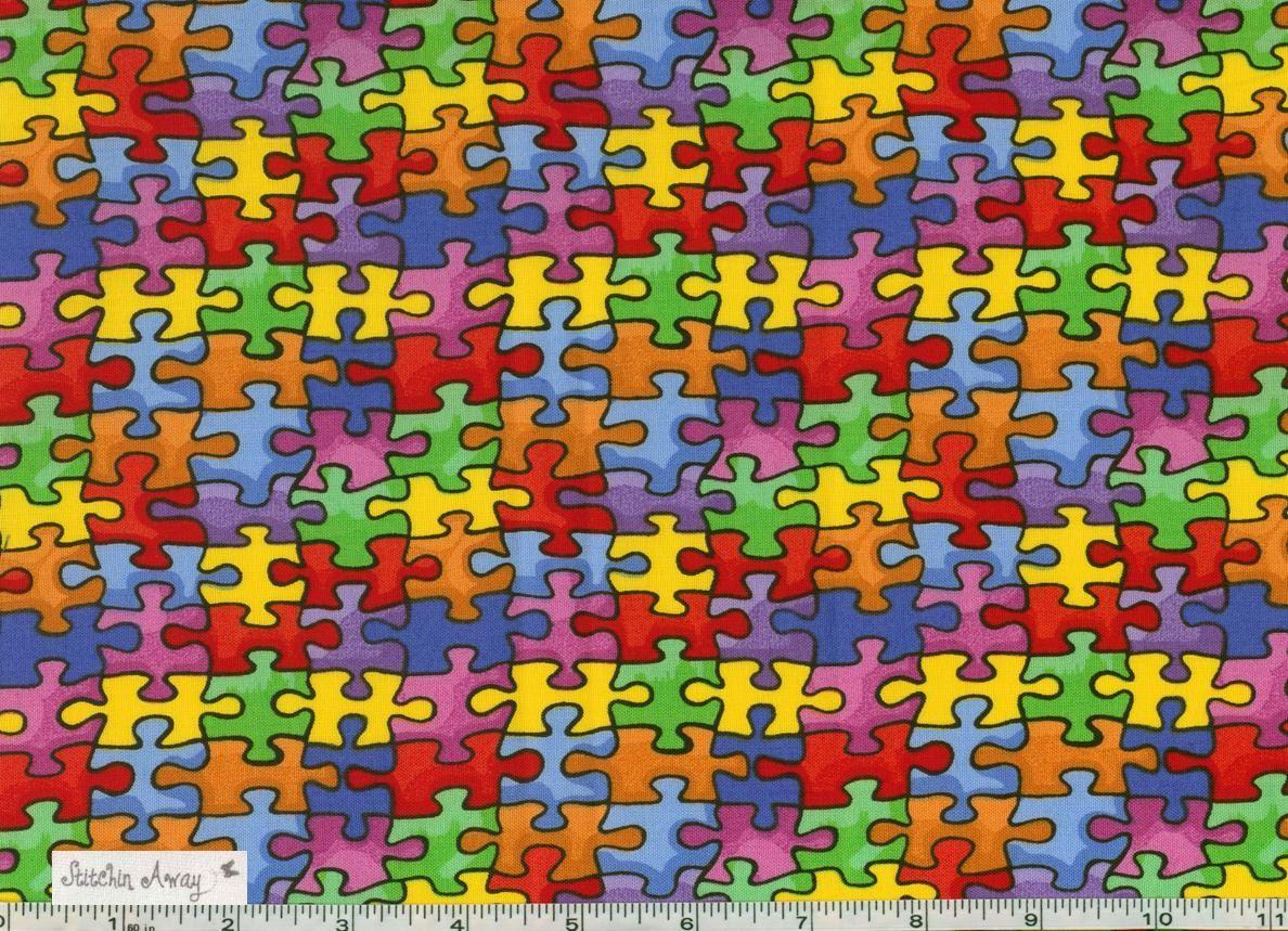 AUTISM AWARENESS Colorful Puzzle Pieces Fabric New 100% Cotton.
