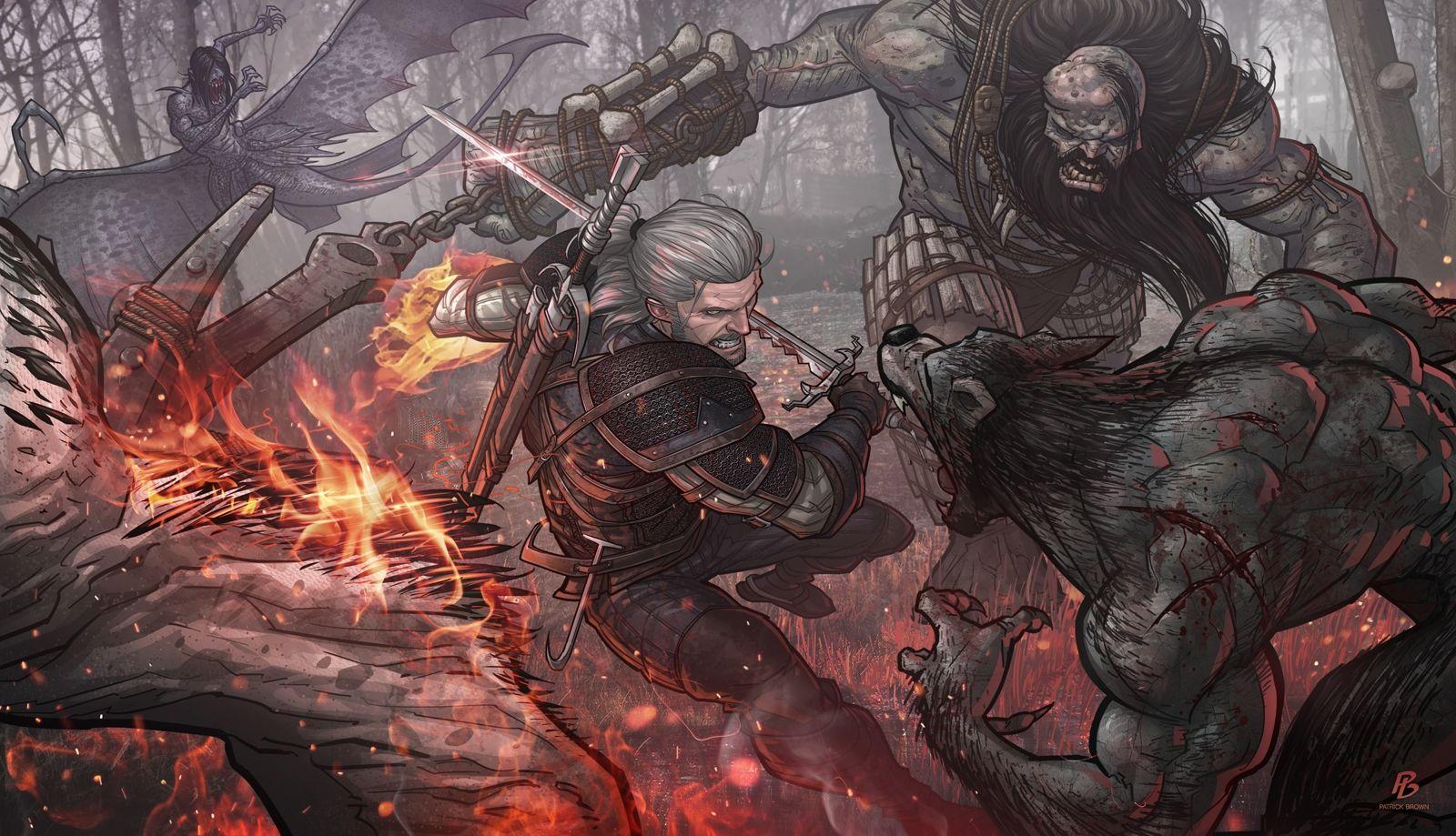 Wallpaper Geralt Of Rivia, The Witcher Fight, Monsters