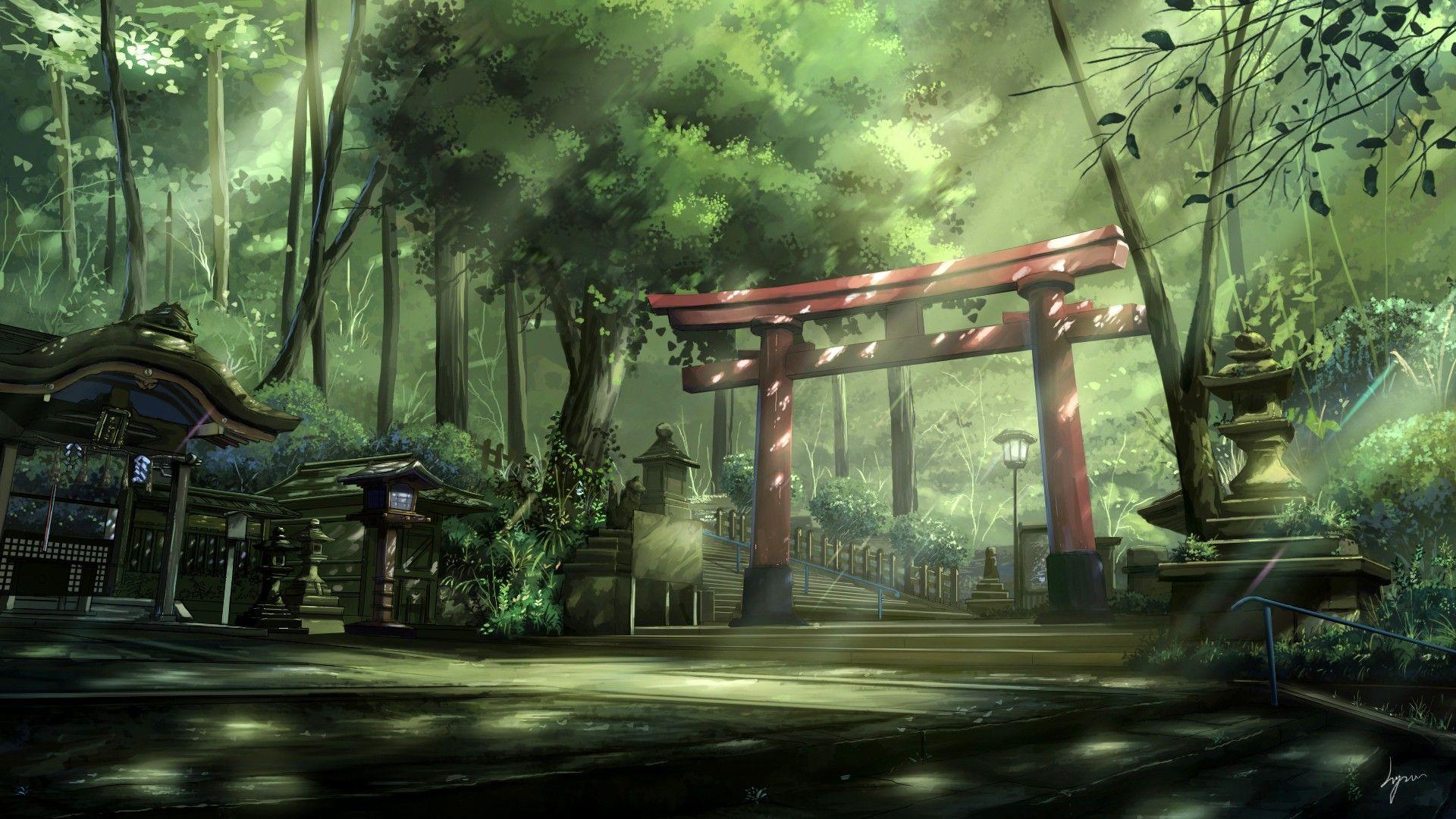 Wallpaper, trees, landscape, forest, Asian architecture, anime