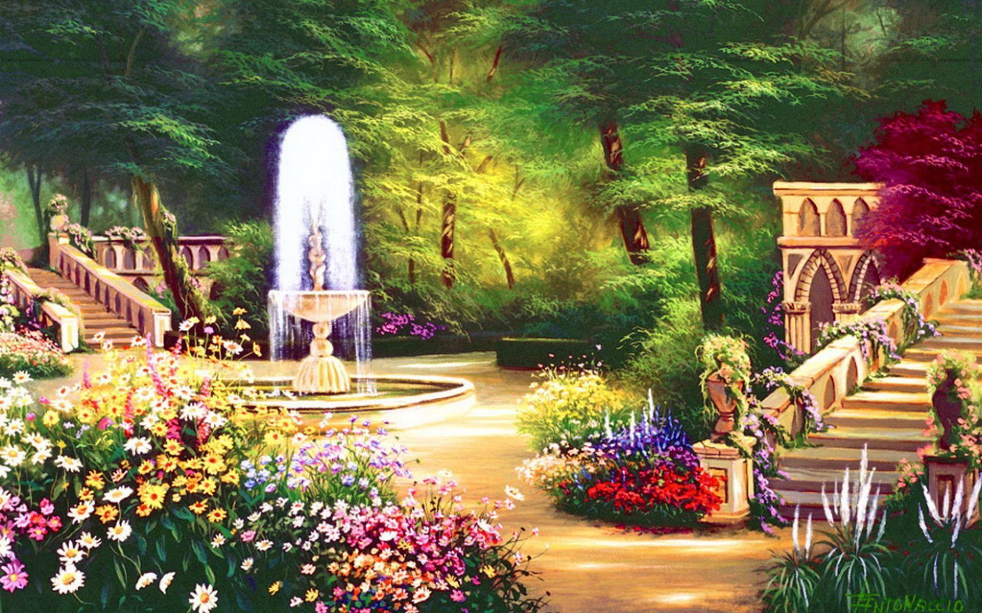 Trees Fountain Steps Flowers wallpaper. Trees Fountain Steps