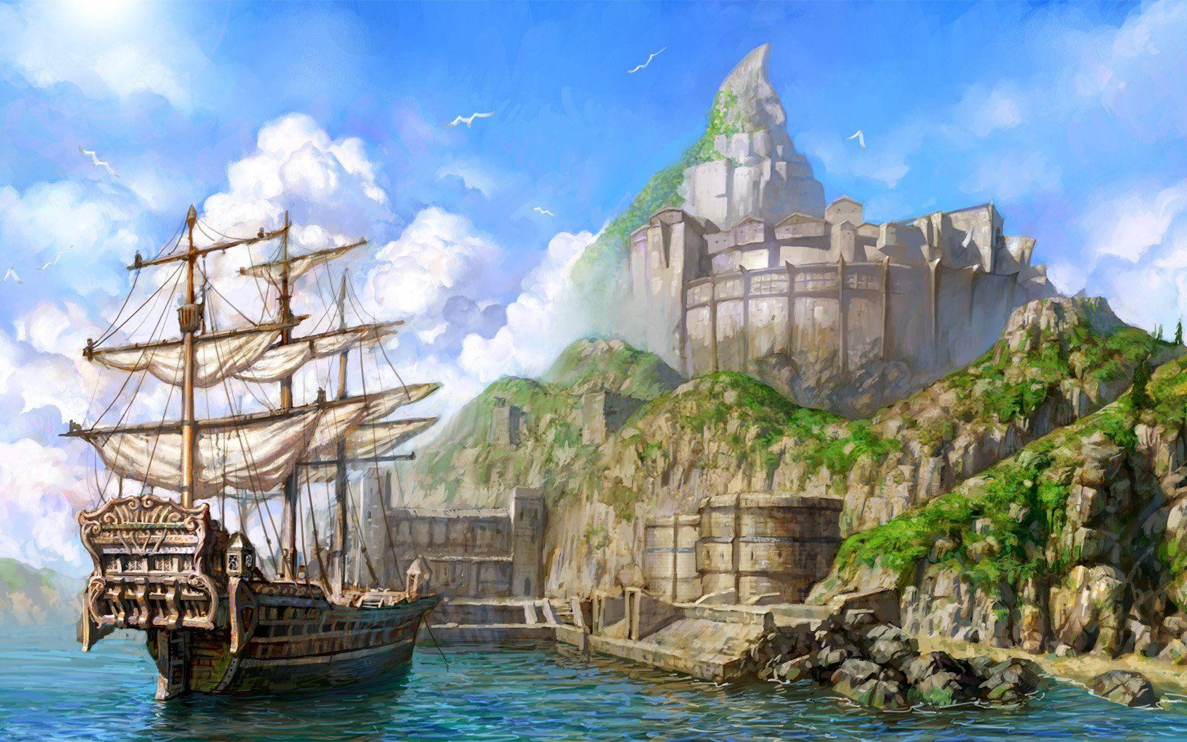 Port Painting Fantasy Ship Sea Sky Wallpaper At Fantasy Wallpaper