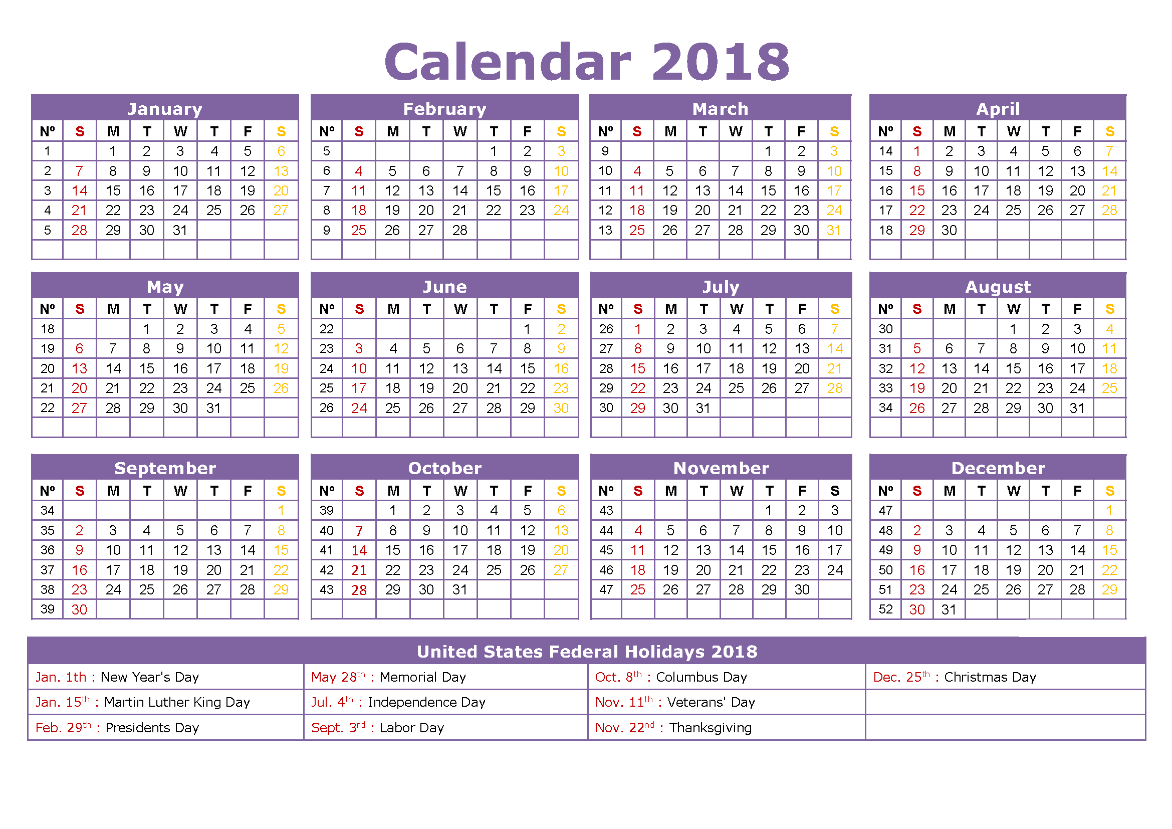 year calendar with holidays