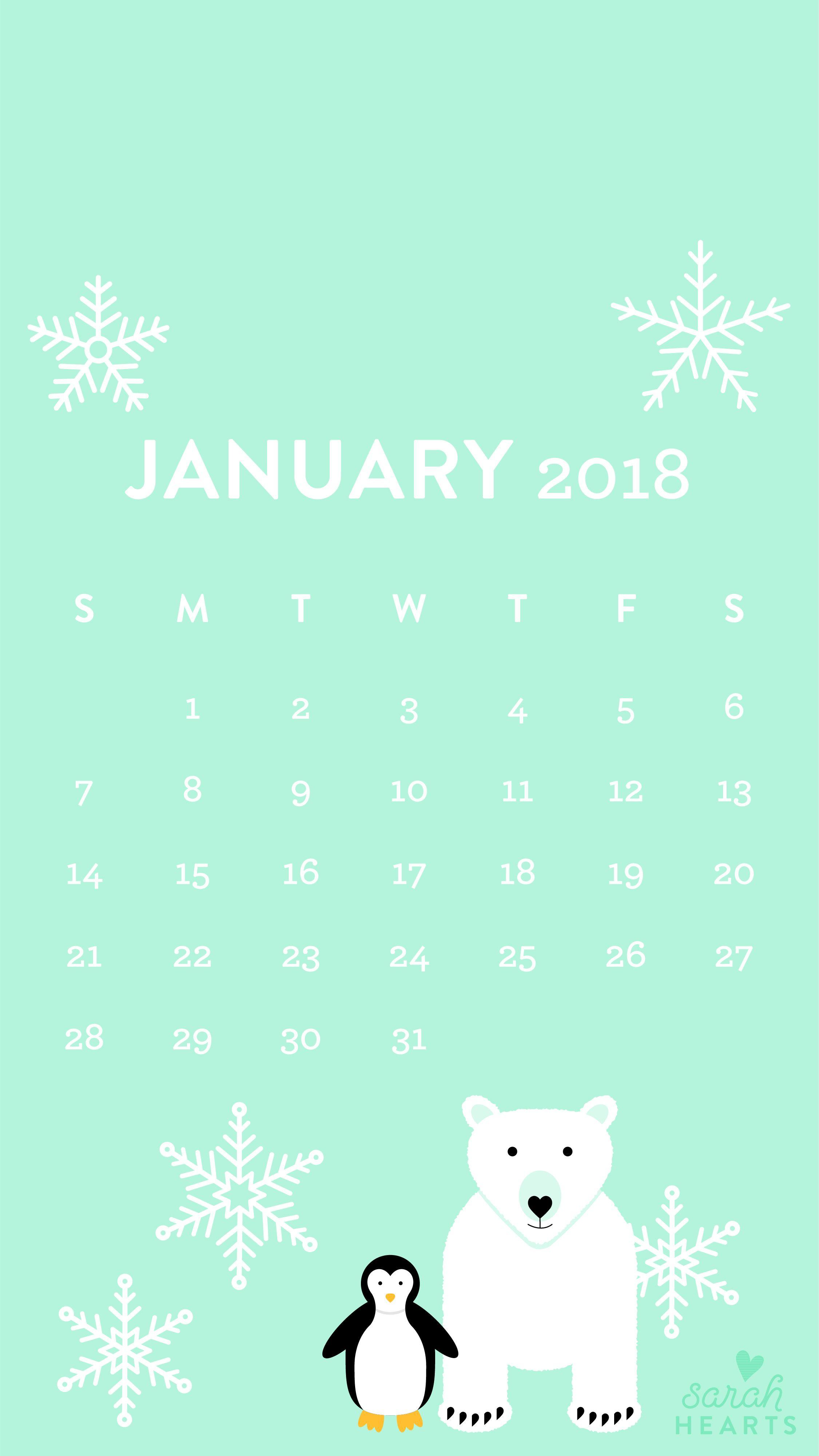 Polar Bear and Penguin January 2018 Calendar Wallpaper