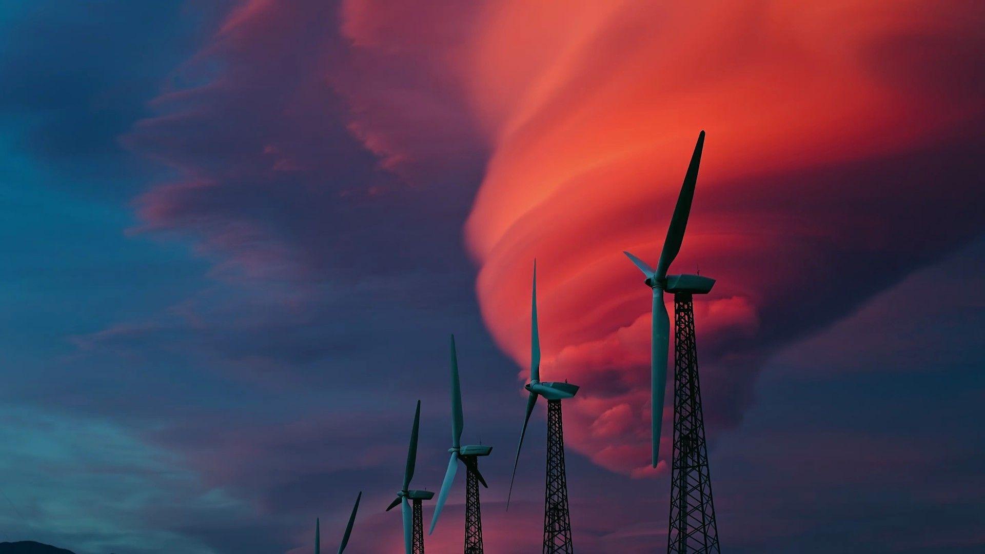 Windmills and red clouds. Android wallpaper for free