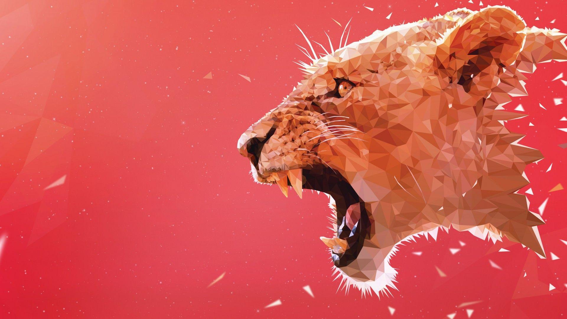 Wallpaper Lioness, Aggressive, Triangles, Low poly, HD, 5K