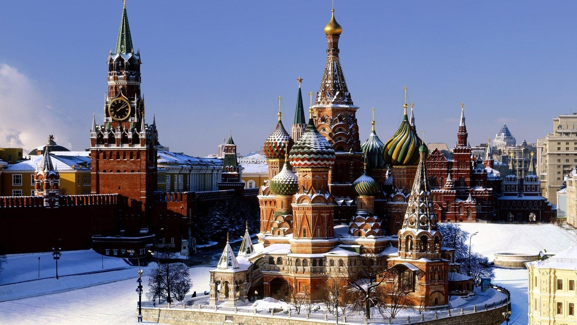 Moscow Kremlin Palace and Red Square in Winter Wallpaper