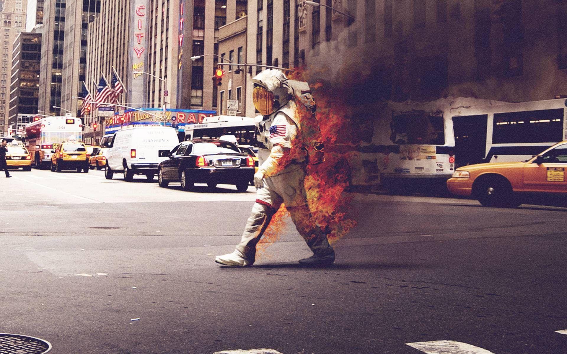 Astronaut On Fire Crossing Road Free Wallpaper HD