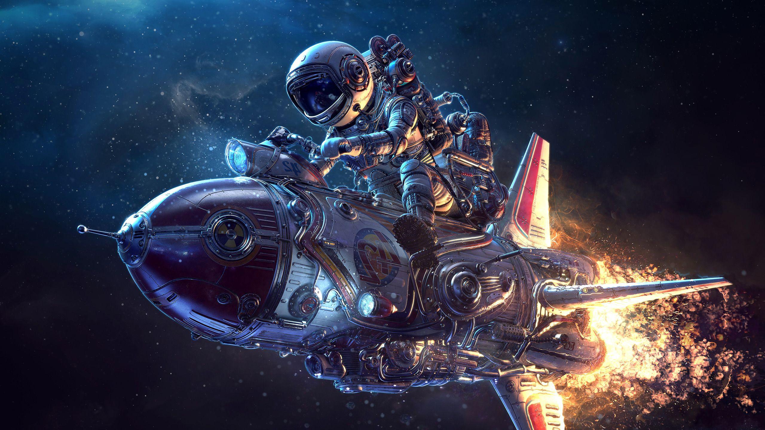 astronaut spaceship science fiction 3D retrofuturism wallpaper