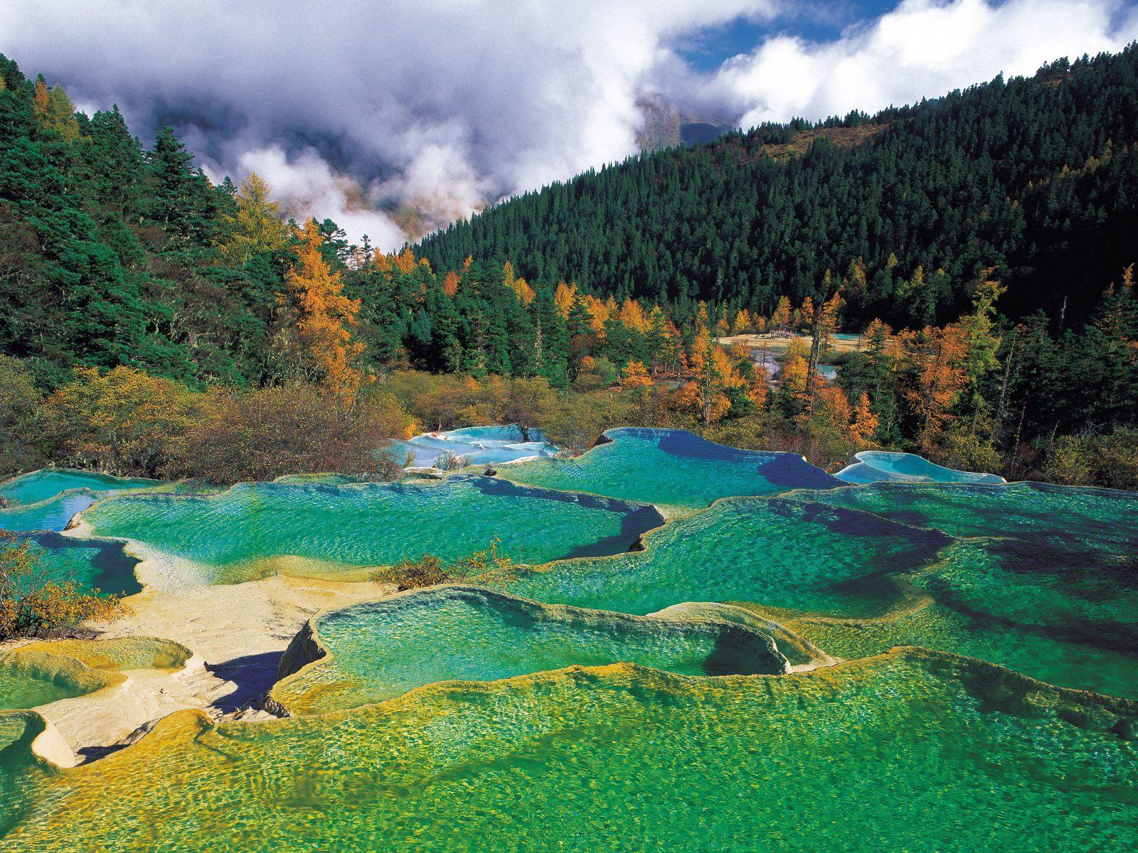 landscapes, forest, China, hot springs, National Park, Sichuan