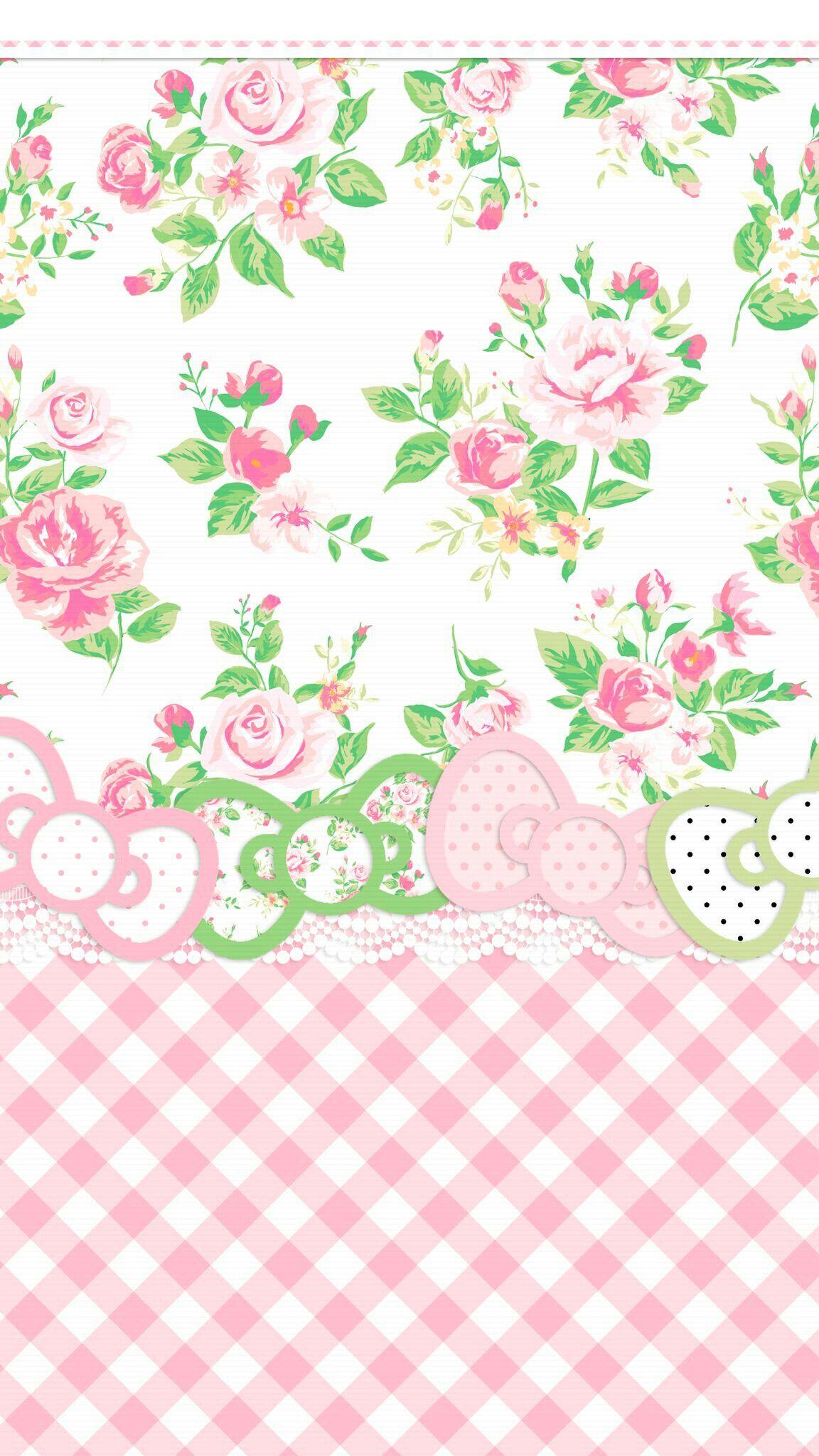 iPhone Wallpaper pink & green gingham check floral HK