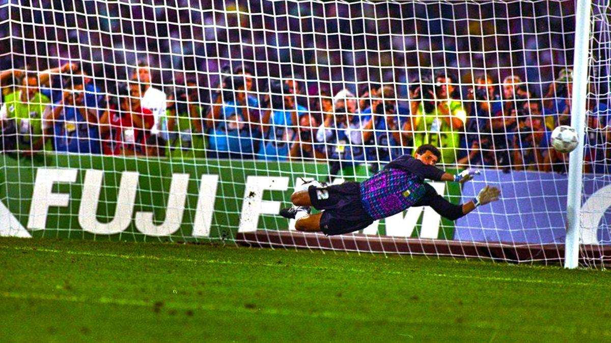 Goycoechea the Argentina goalkeeper saves the vital penalty during