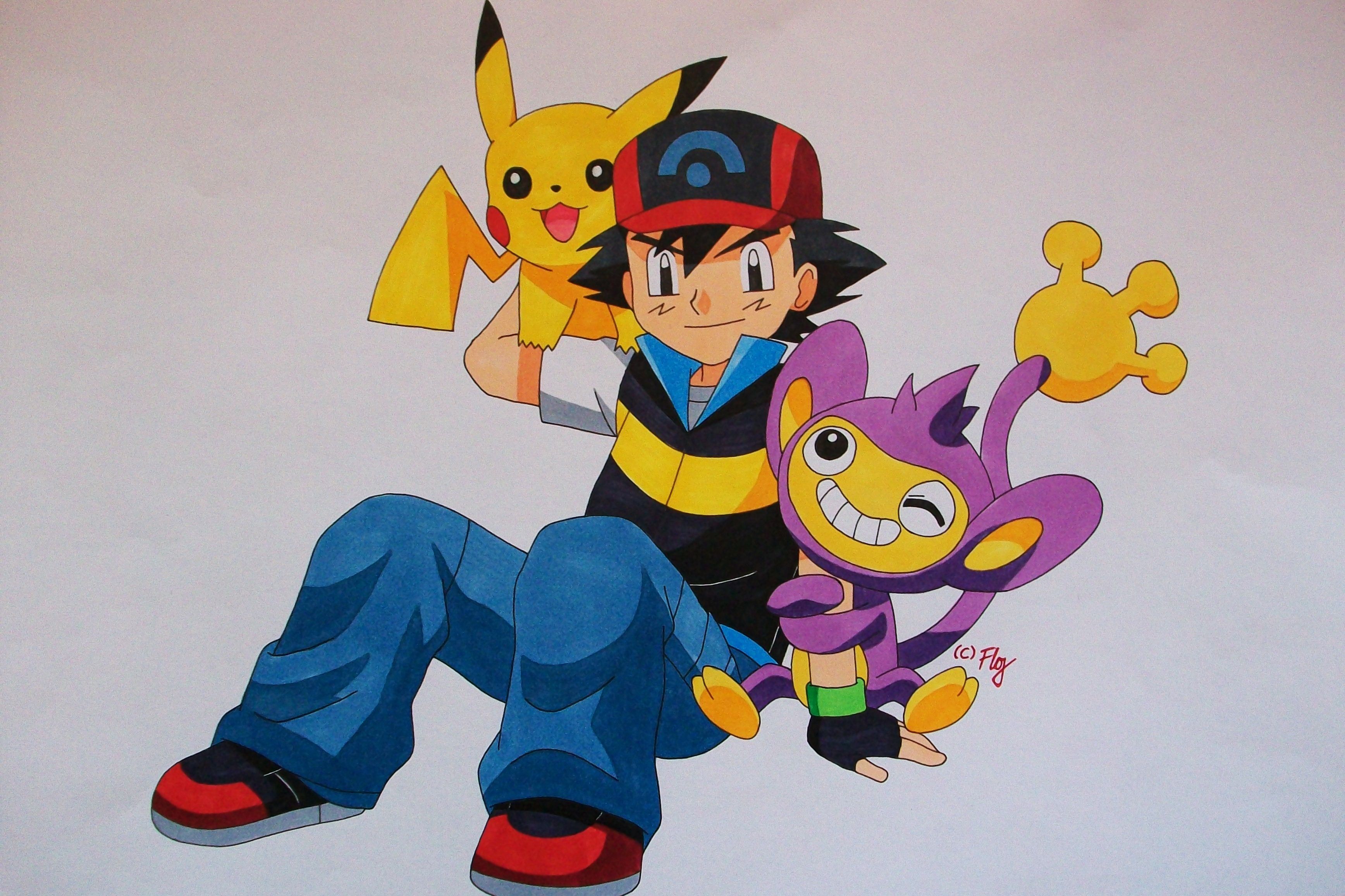 Ash, Pikachu and Aipom