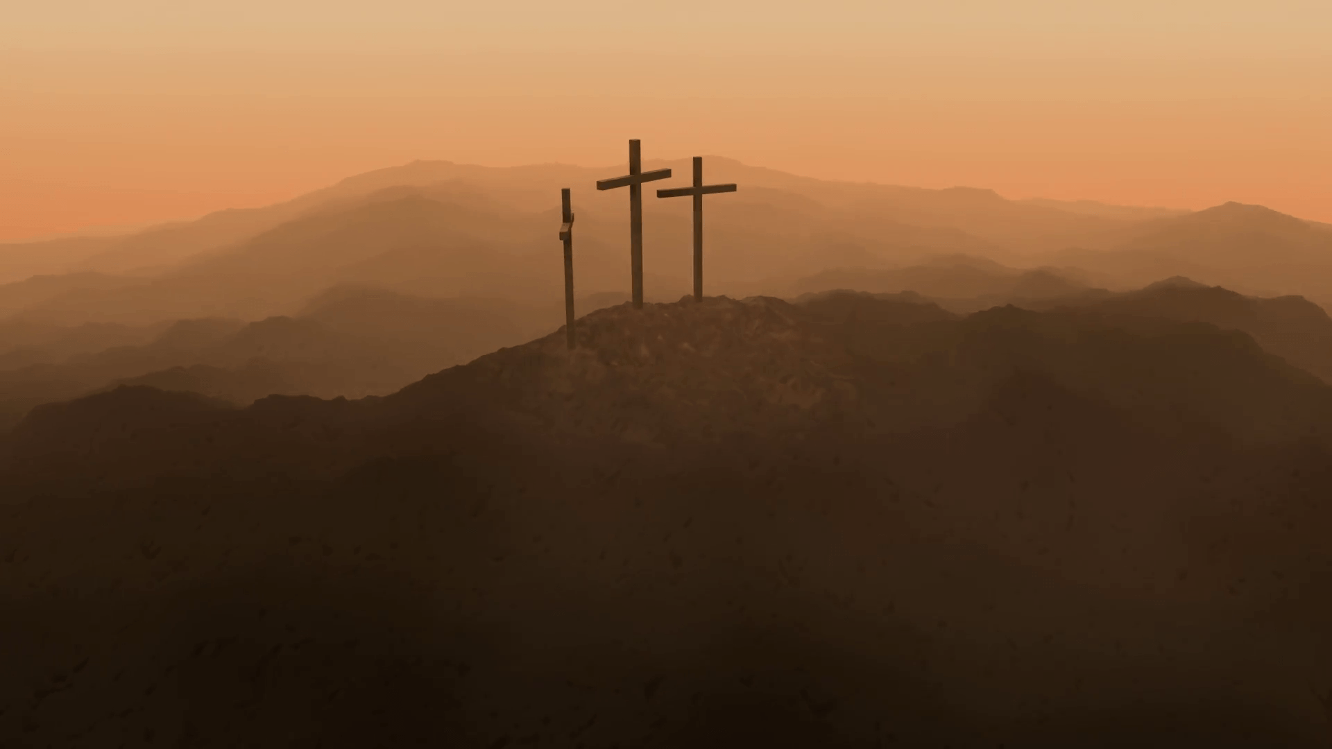 Three crosses on a mountain.Christianity crucifixion Calvary Stock