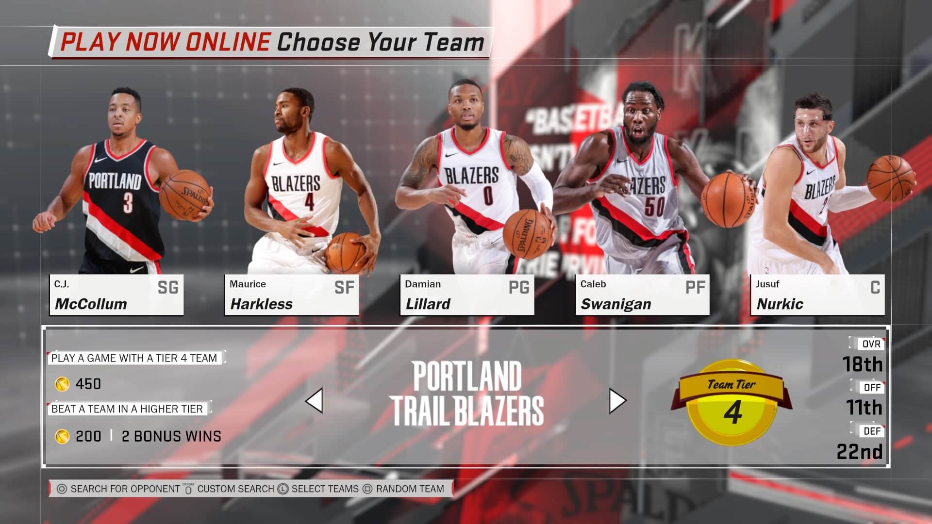 Portland Trail Blazers NBA 2K18 Team Roster