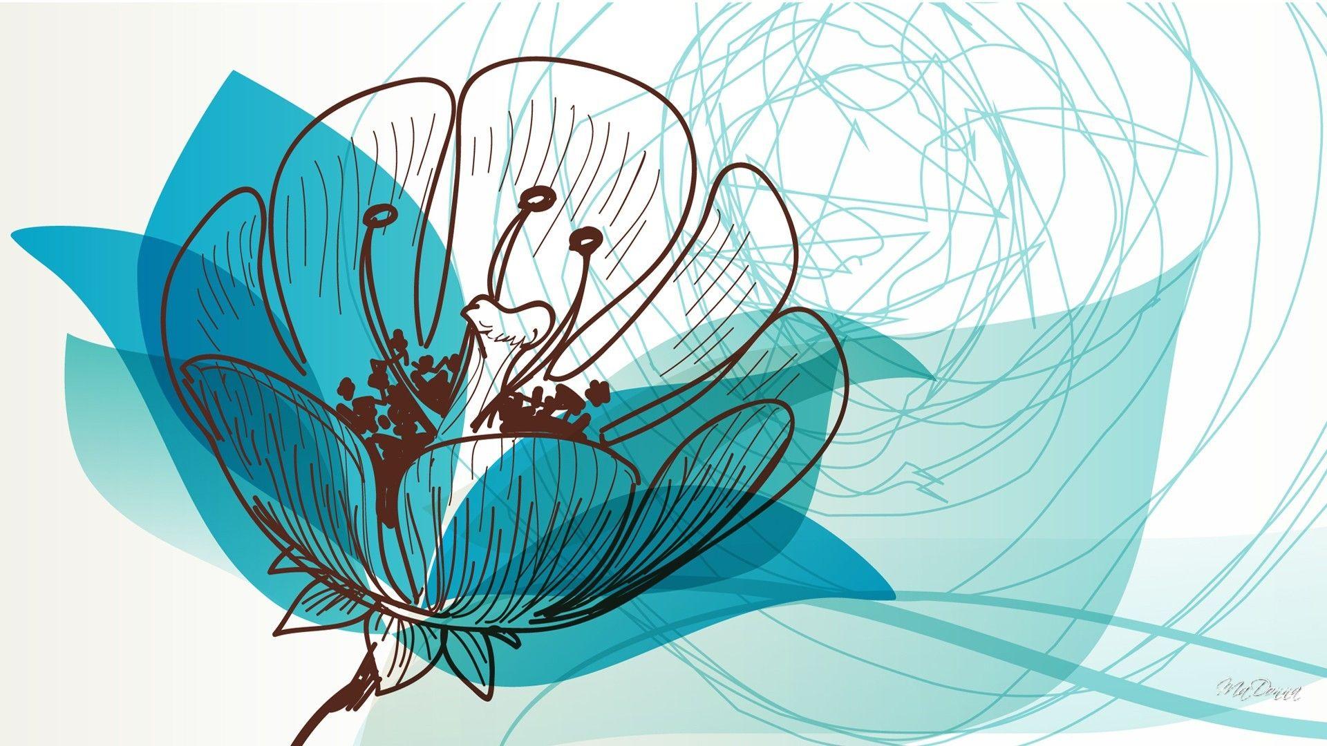 Flower Scroll Doodle Aqua Pencil Light Cyan Turquoise Floral