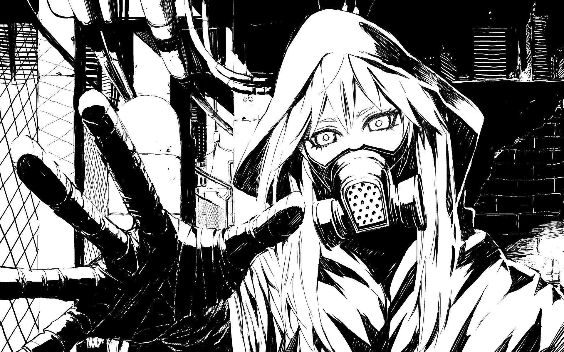 Desktop Black And White Vocaloid Gas Masks Drawings Anime With
