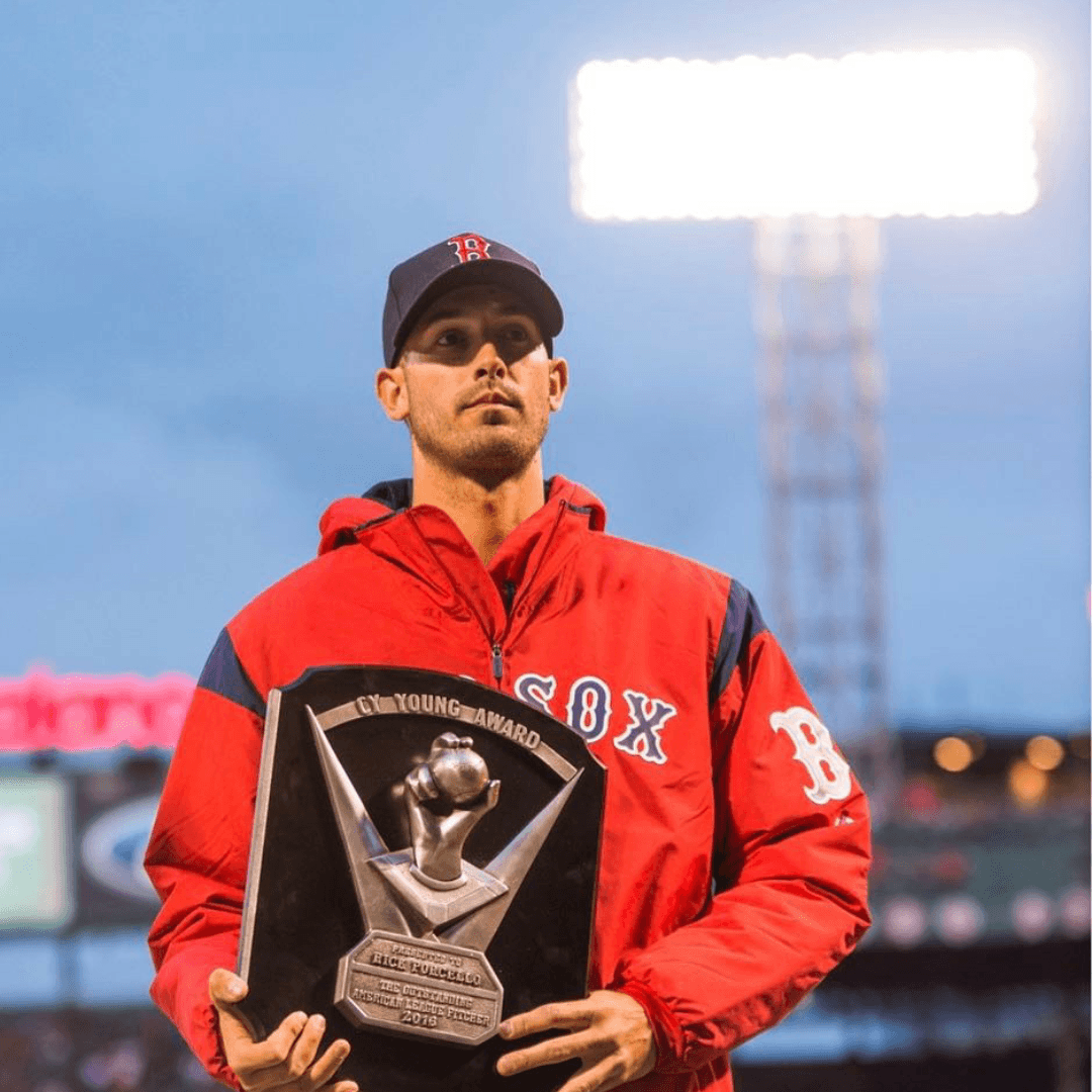 Rick Porcello with his Cy Young Award. Boston Red Sox