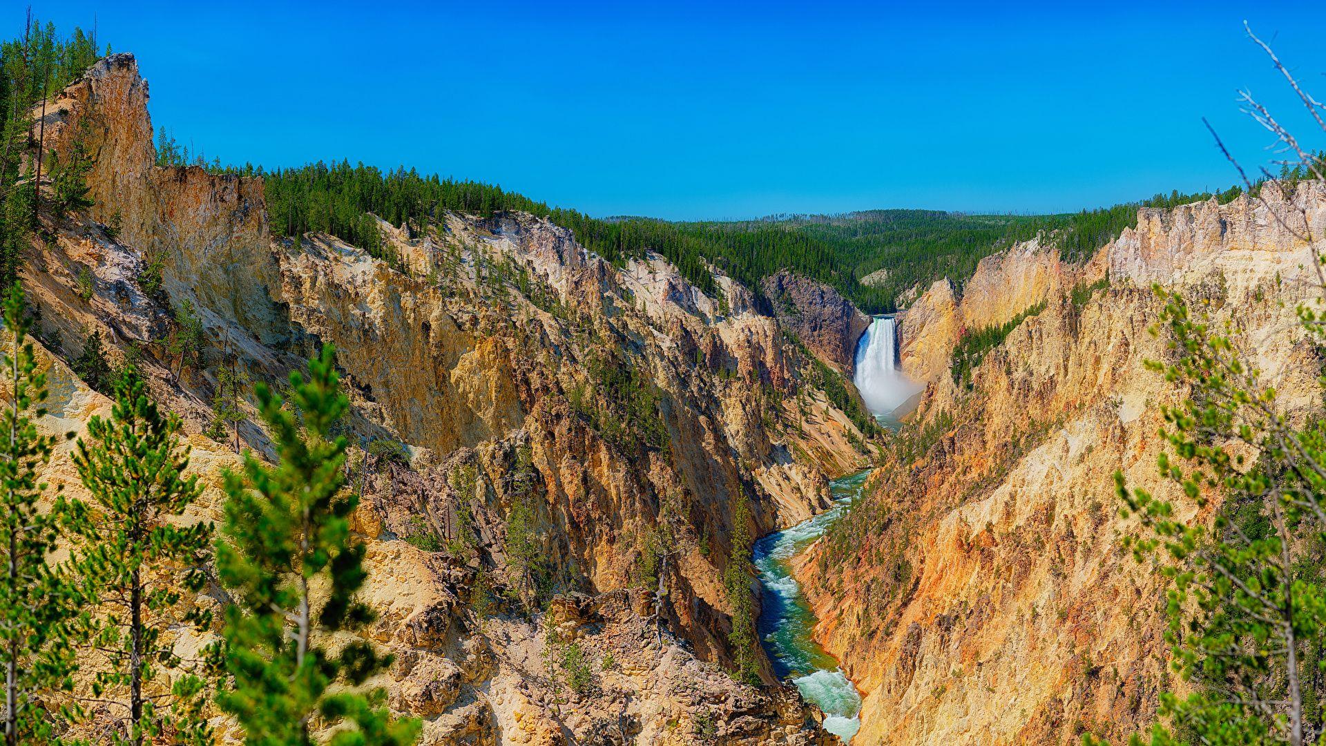 Picture Yellowstone USA Cliff Nature Canyon Waterfalls 1920x1080