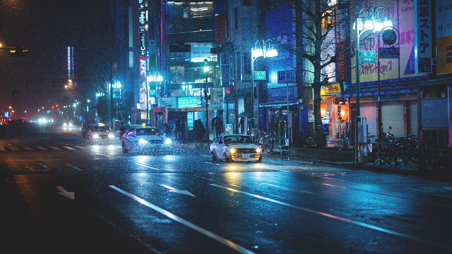 Picture Japan datsun Rain Street Night Cities 1920x1080