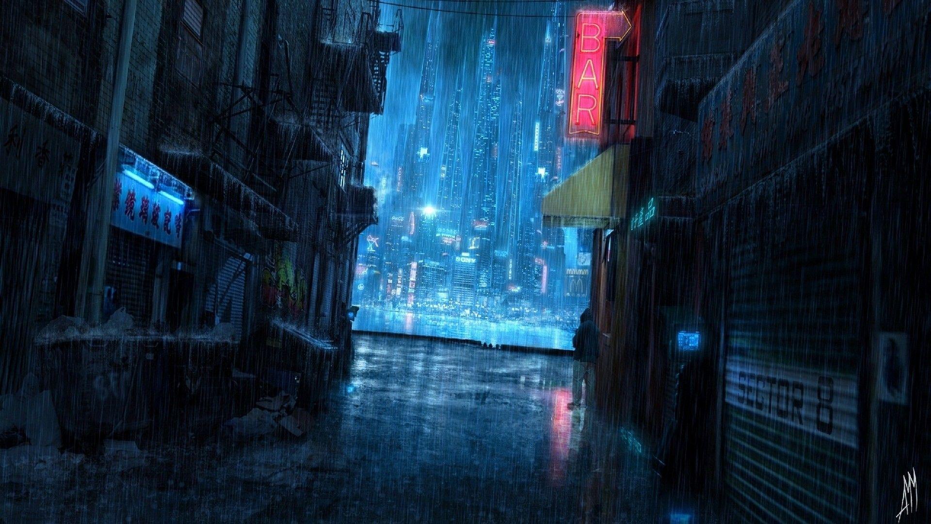 Wallpaper, city, cityscape, night, reflection, rain, blue