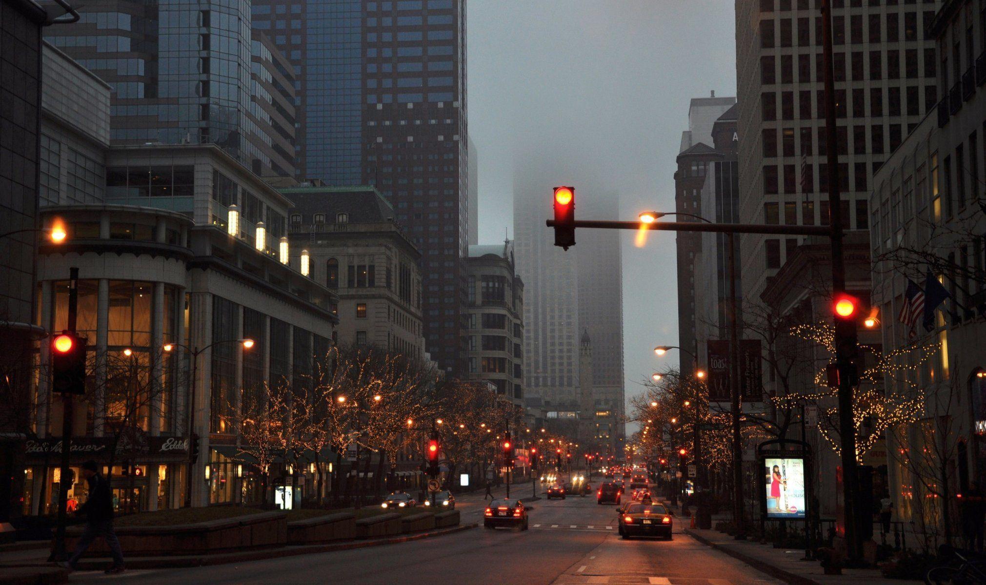 town fog rain street machinery car chicago night light HD wallpaper