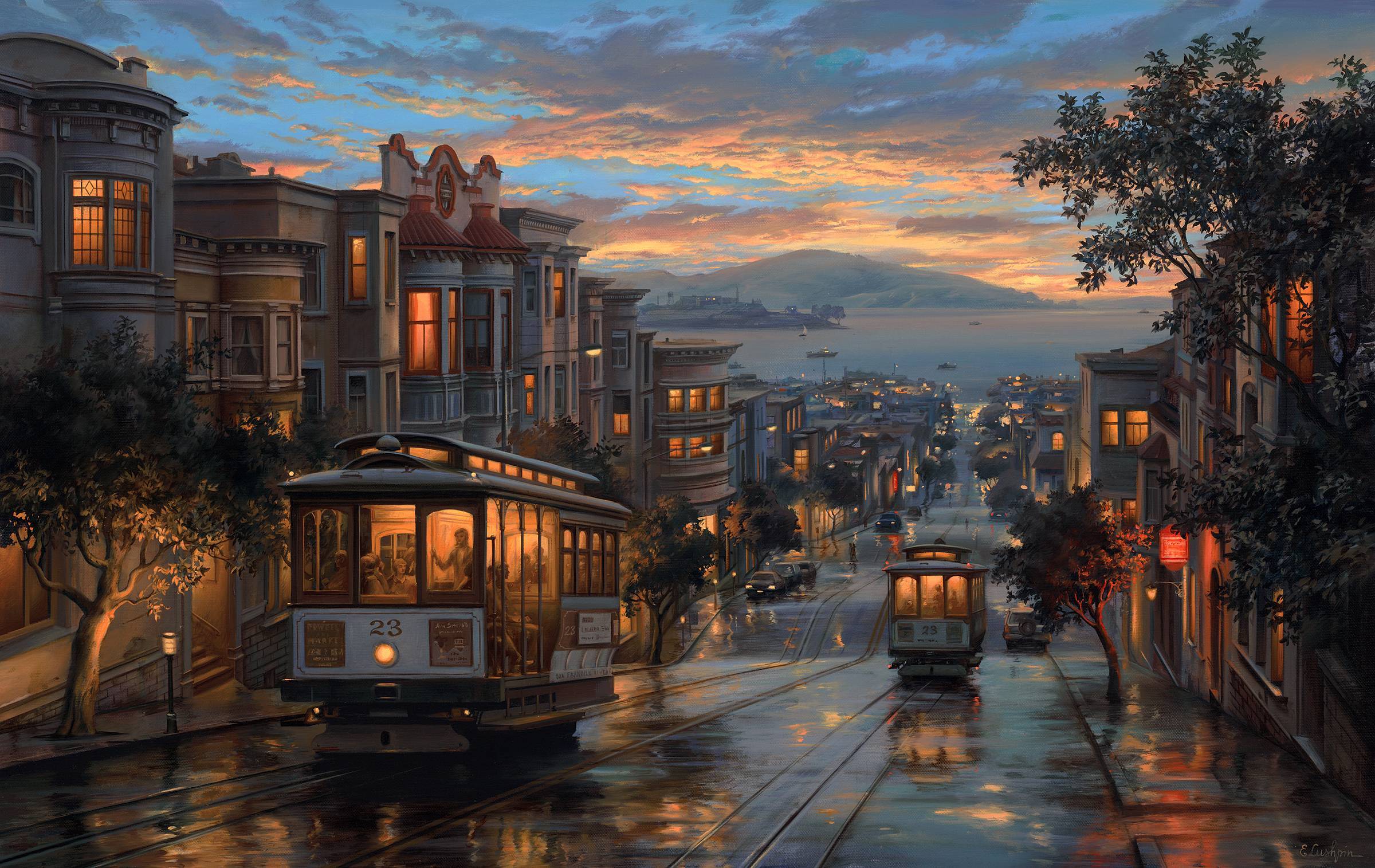 Streetcars in San Francisco on a Rainy Night Full HD Wallpaper