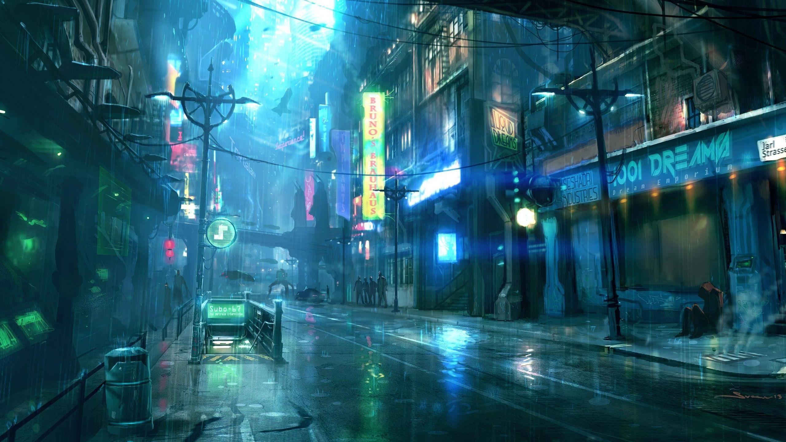 Rainy night city, street, buildings, art design wallpaper