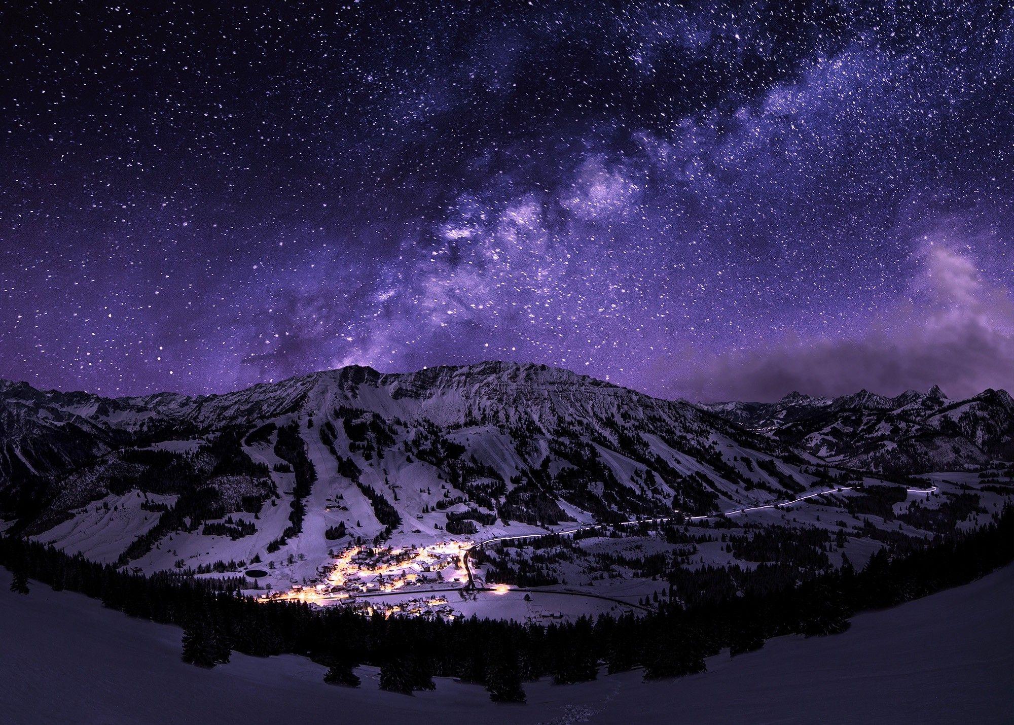 stars, Night, Landscape, Starry Night, Mountain, Snow, Long Exposure, Town, Galaxy Wallpaper HD / Desktop and Mobile Background