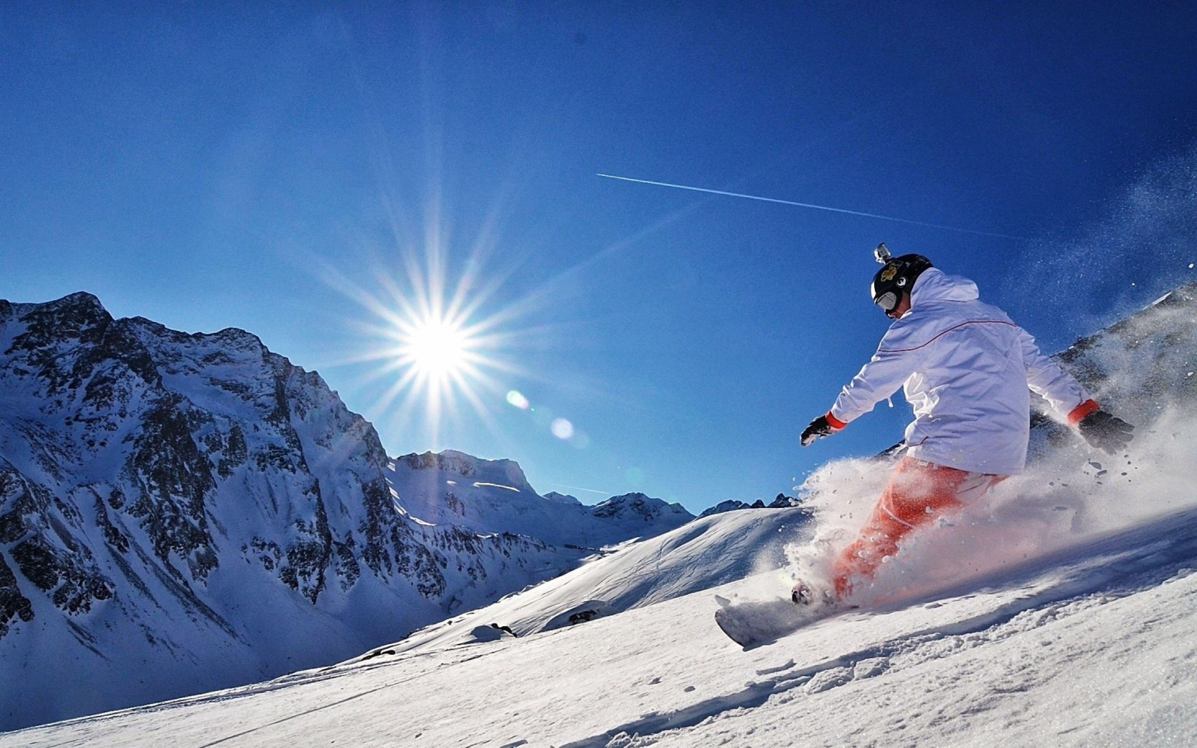 Download Wallpaper 3840x2400 Snowboard, Snow, Mountains, Sun