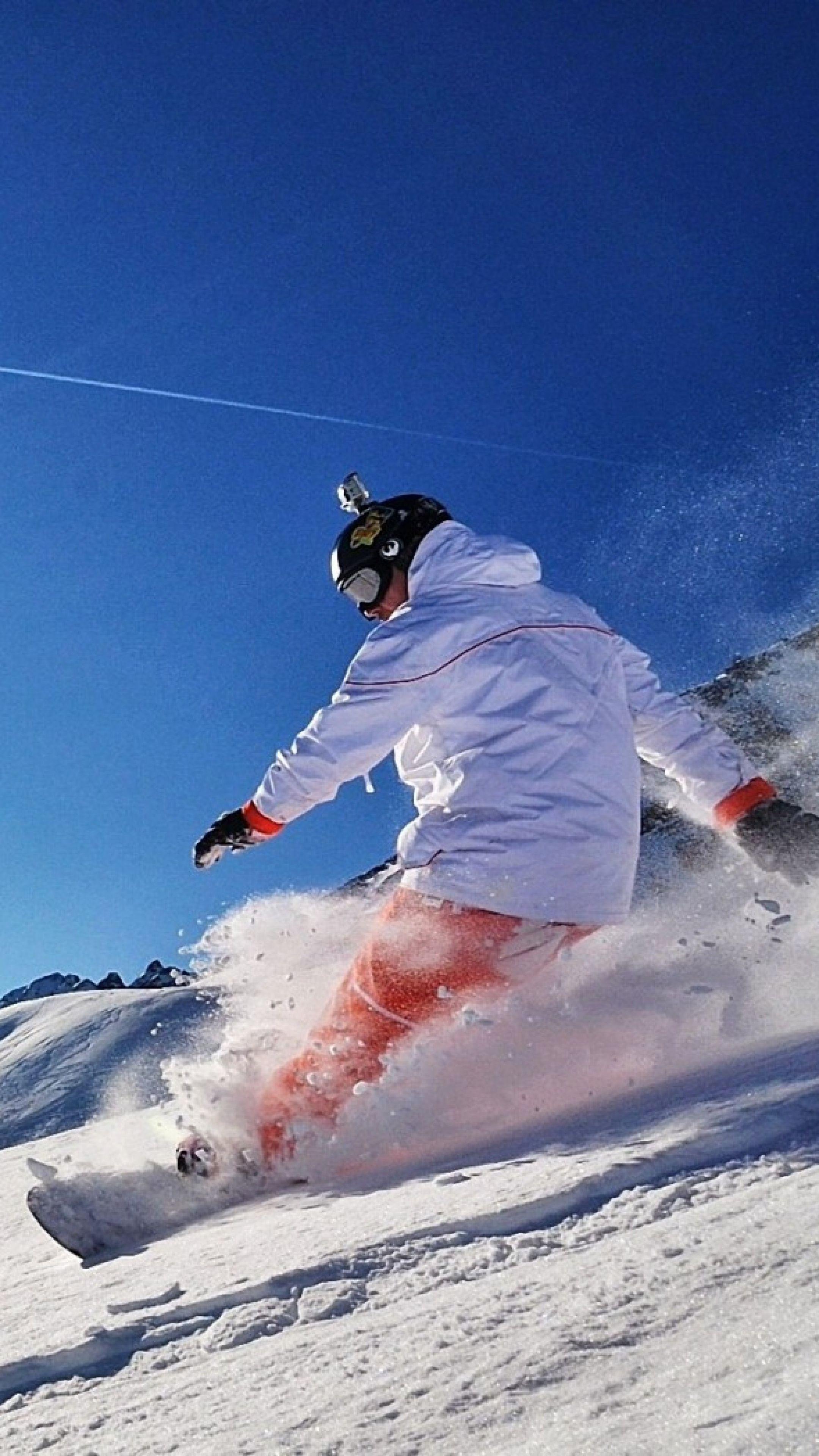 Download Wallpaper 2160x3840 Snowboard, Snow, Mountains, Sun