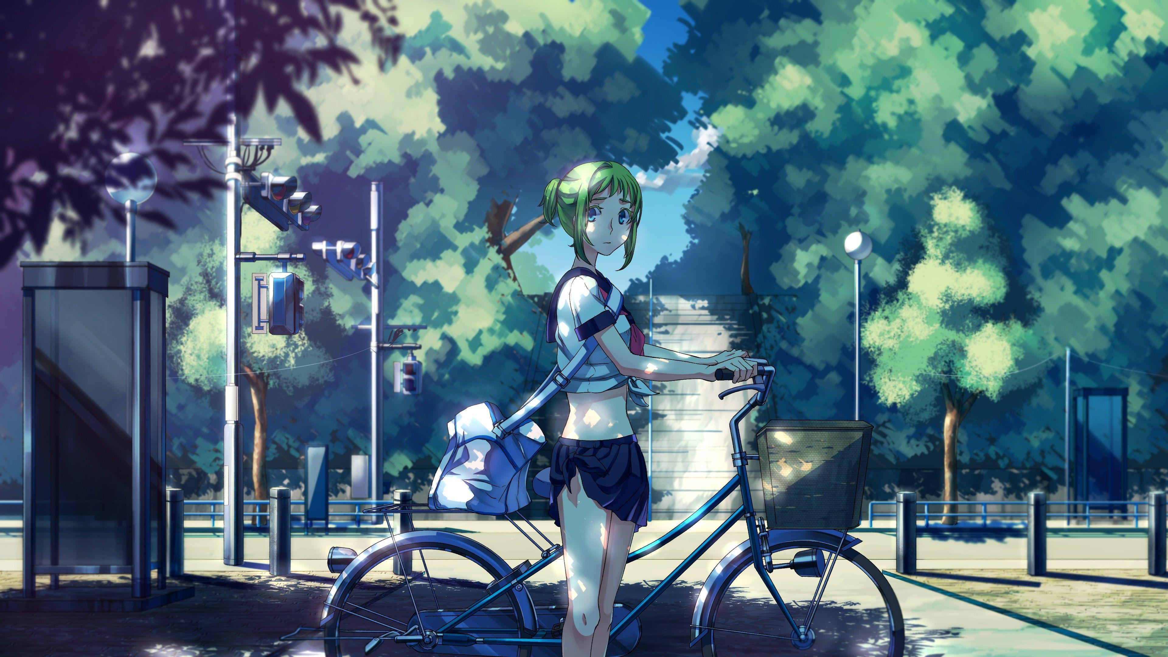 Wallpaper, anime, bicycle, sky, school uniform, Vocaloid, Megpoid