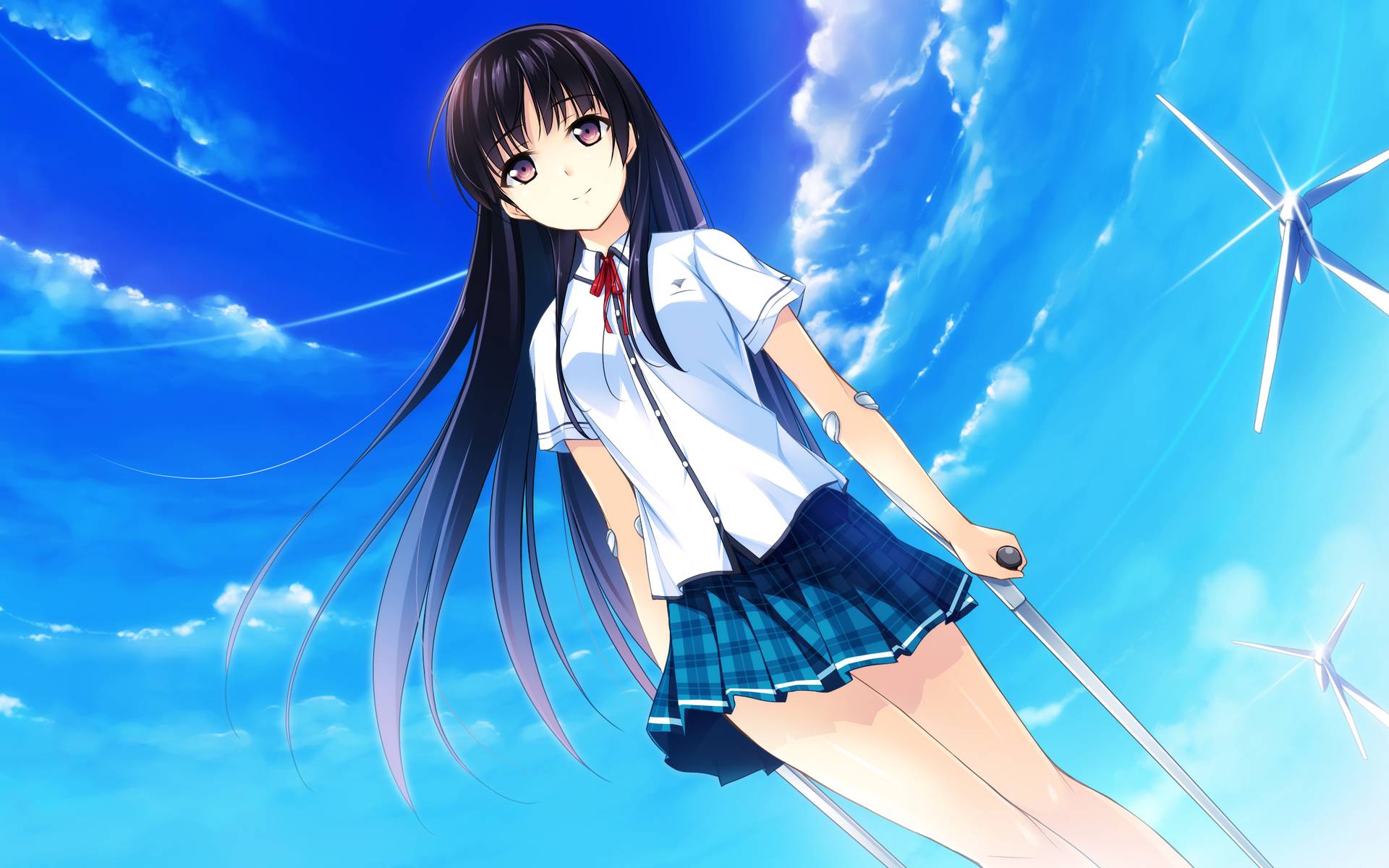 Anime Girls Clouds Crutches Long Hair School Uniform Sky Wind