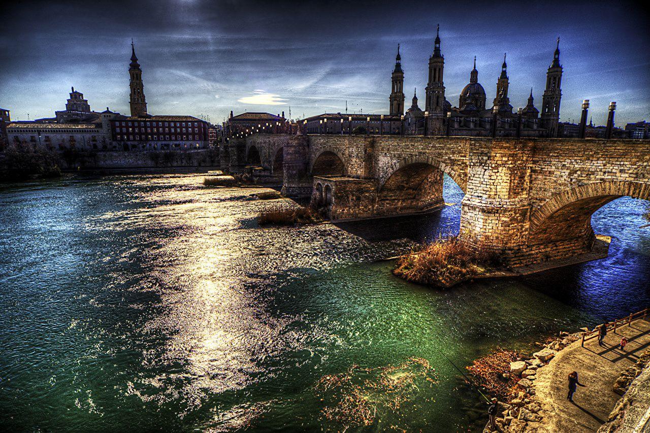 Wallpaper Spain Zaragoza Aragon HDR Bridges Rivers night time