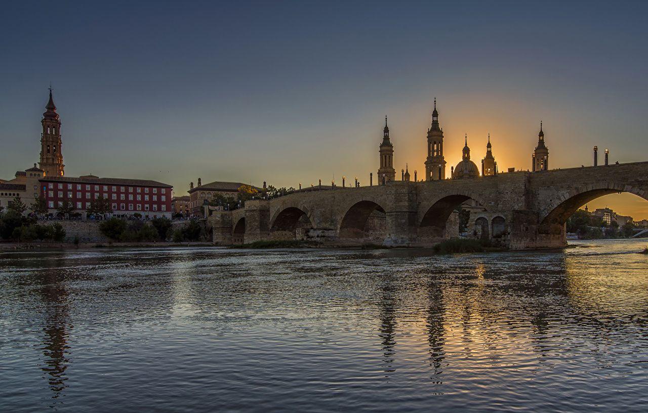 Wallpaper Spain Zaragoza Aragon Bridges Rivers Evening Cities Houses